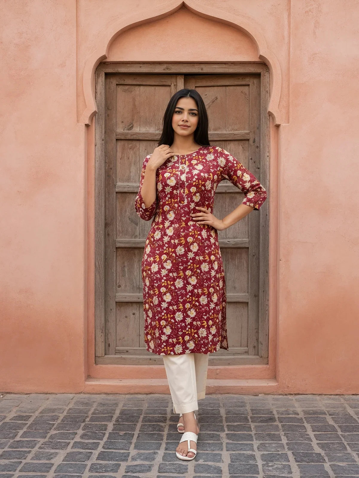 Buy Rayon Printed Straight Knee Length Kurta-Maroon
