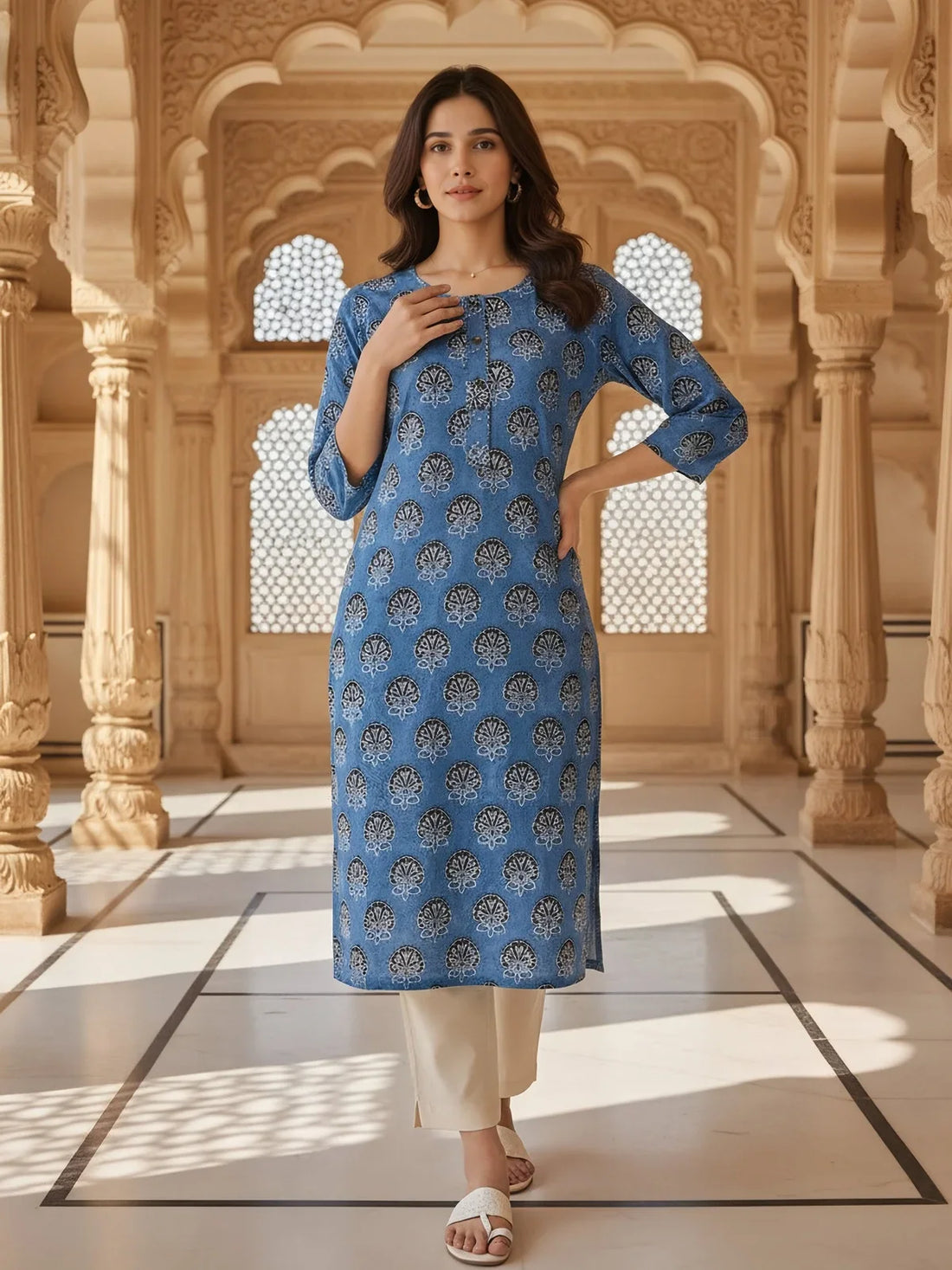 Buy Rayon Printed Straight Knee Length Kurta-Blue