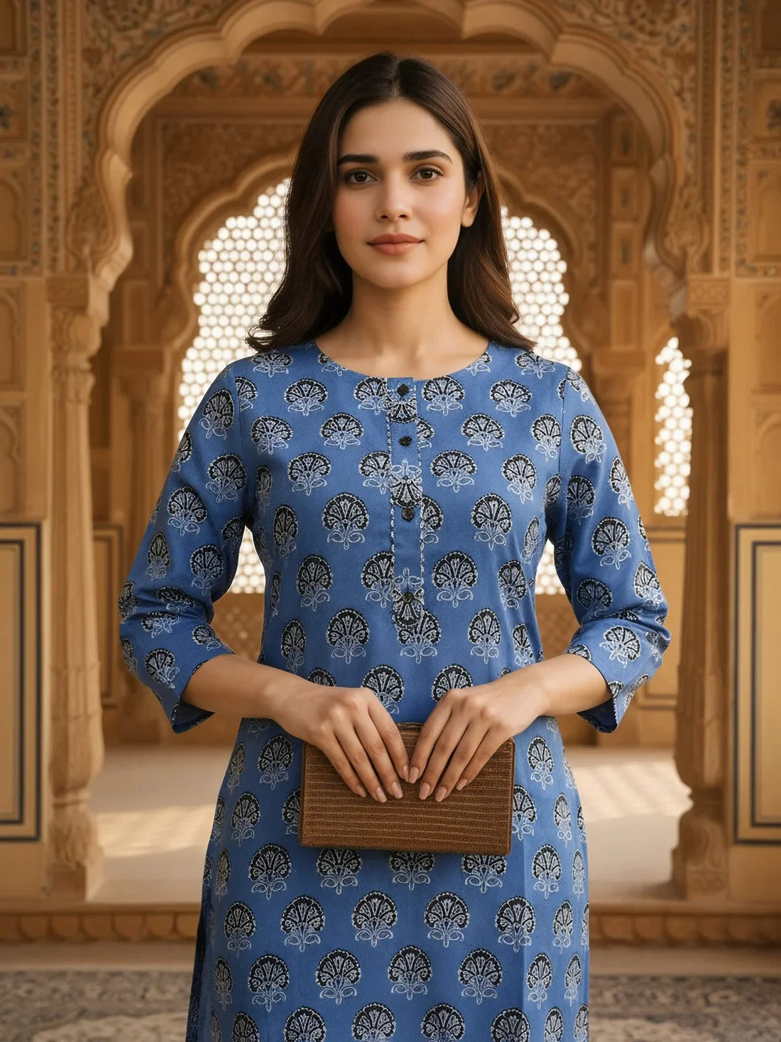 Buy Rayon Printed Straight Knee Length Kurta-Blue