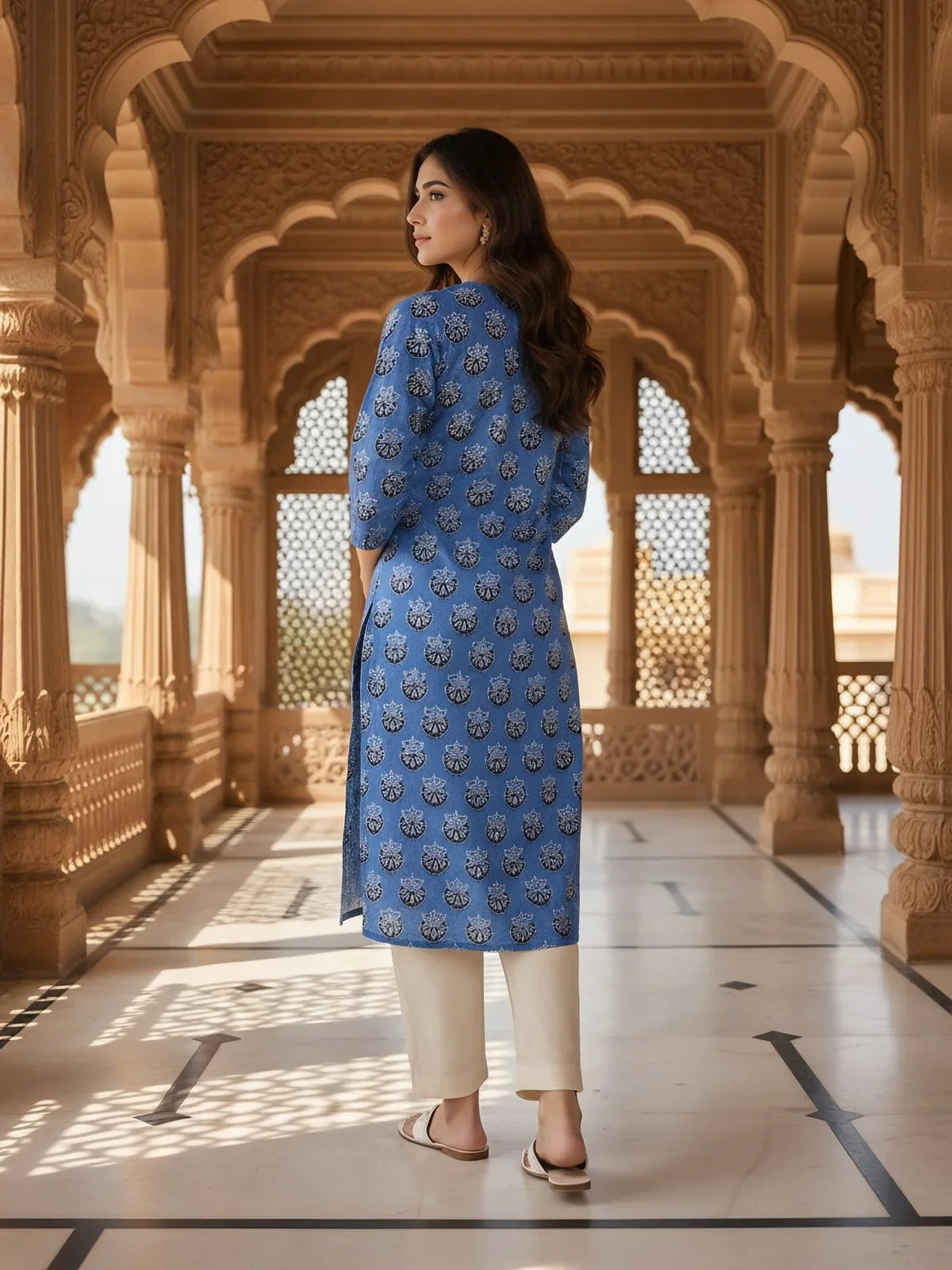 Buy Rayon Printed Straight Knee Length Kurta-Blue