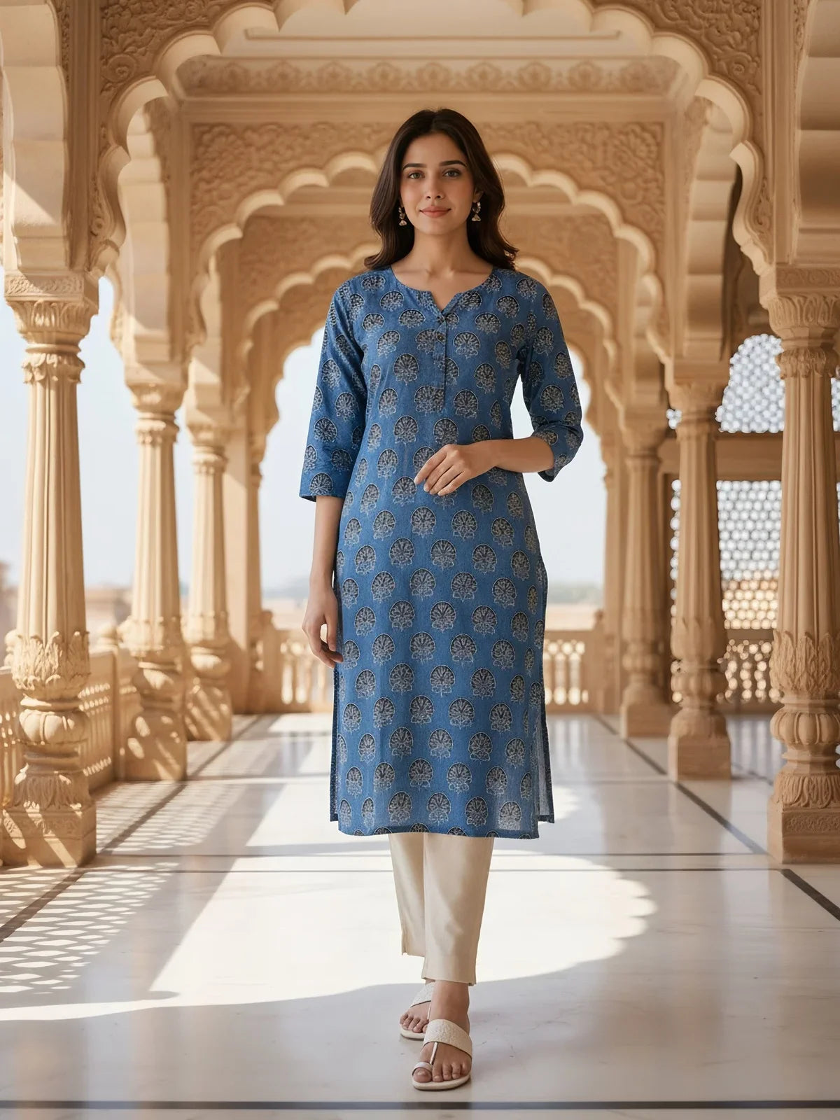 Buy Rayon Printed Straight Knee Length Kurta-Blue