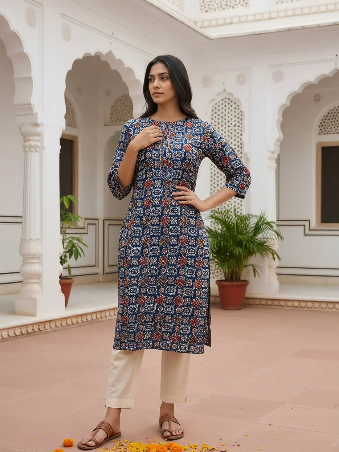 Buy Rayon Printed Straight Knee Length Kurta-Blue