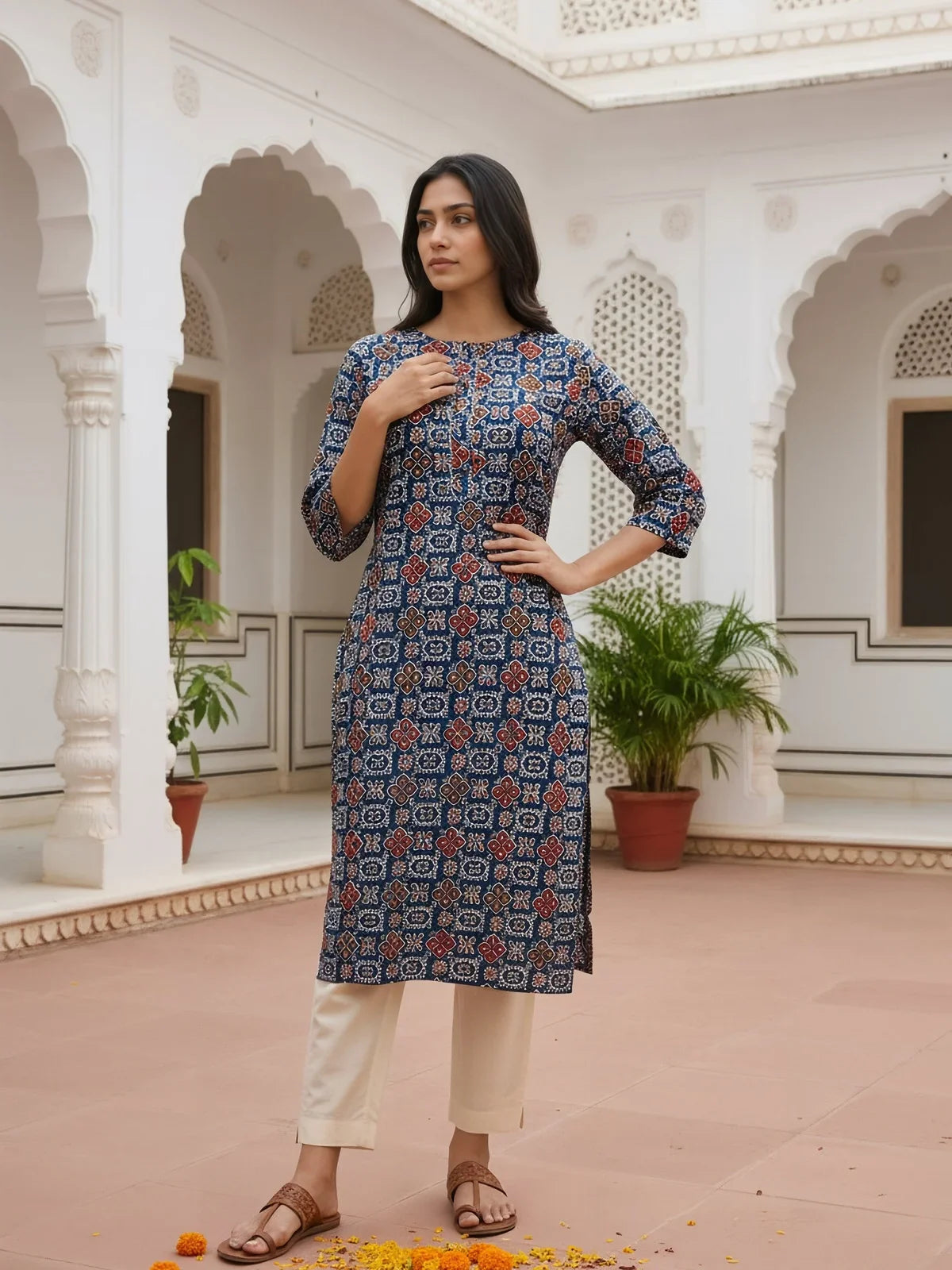 Buy Rayon Printed Straight Knee Length Kurta-Blue