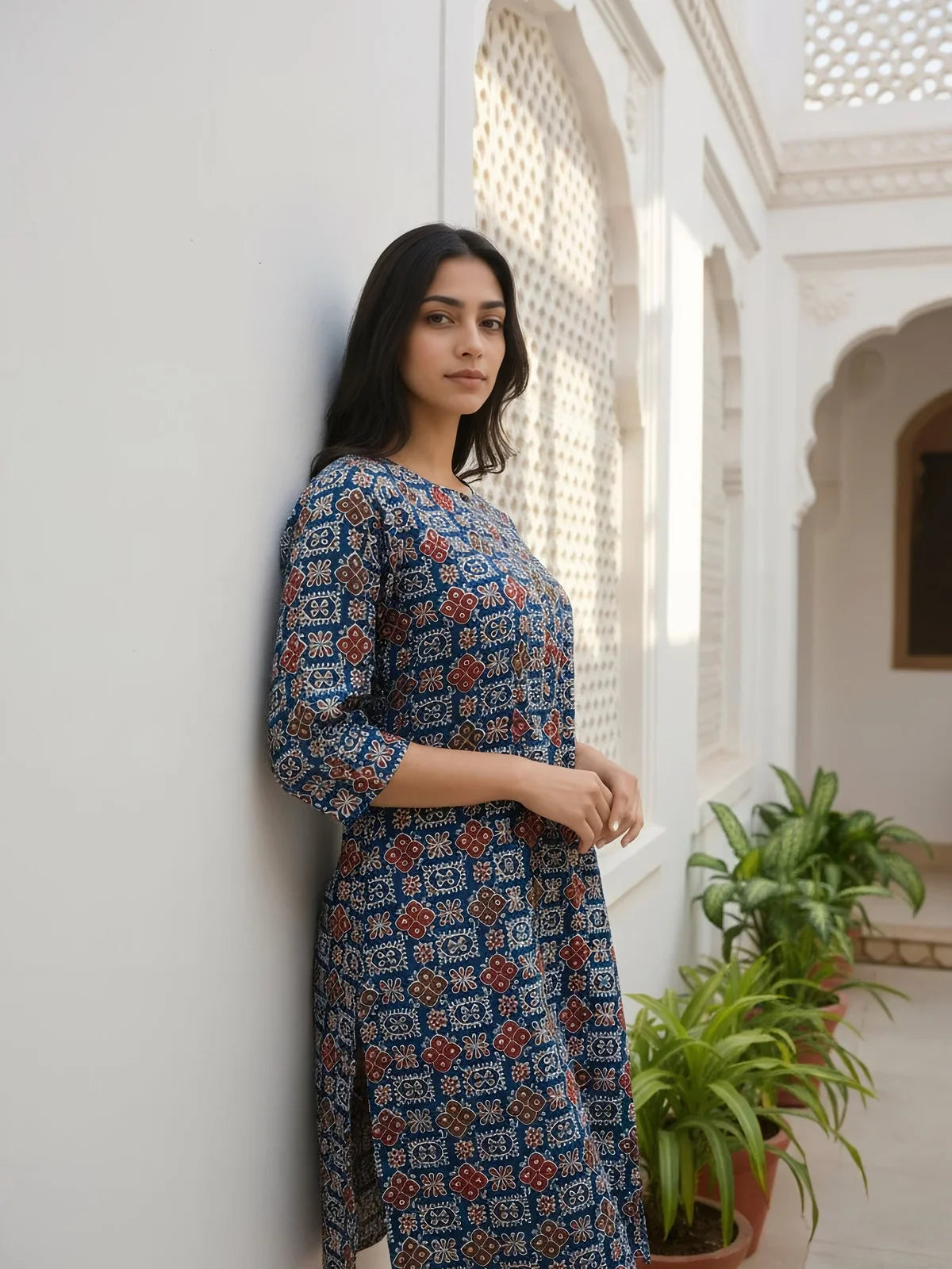 Buy Rayon Printed Straight Knee Length Kurta-Blue