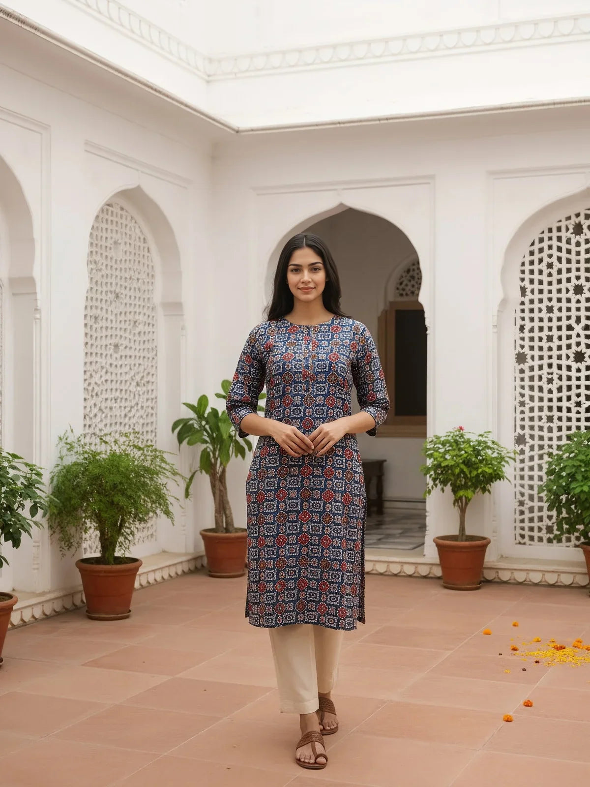 Buy Rayon Printed Straight Knee Length Kurta-Blue