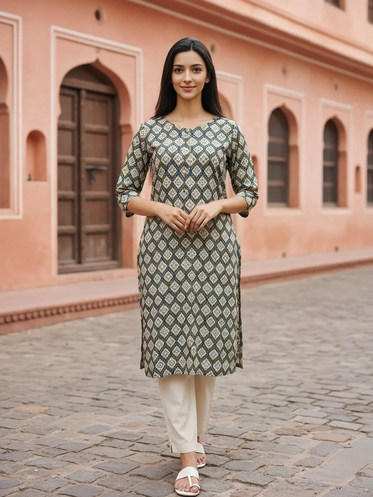 Buy Rayon Printed Straight Knee Length Kurta-Green
