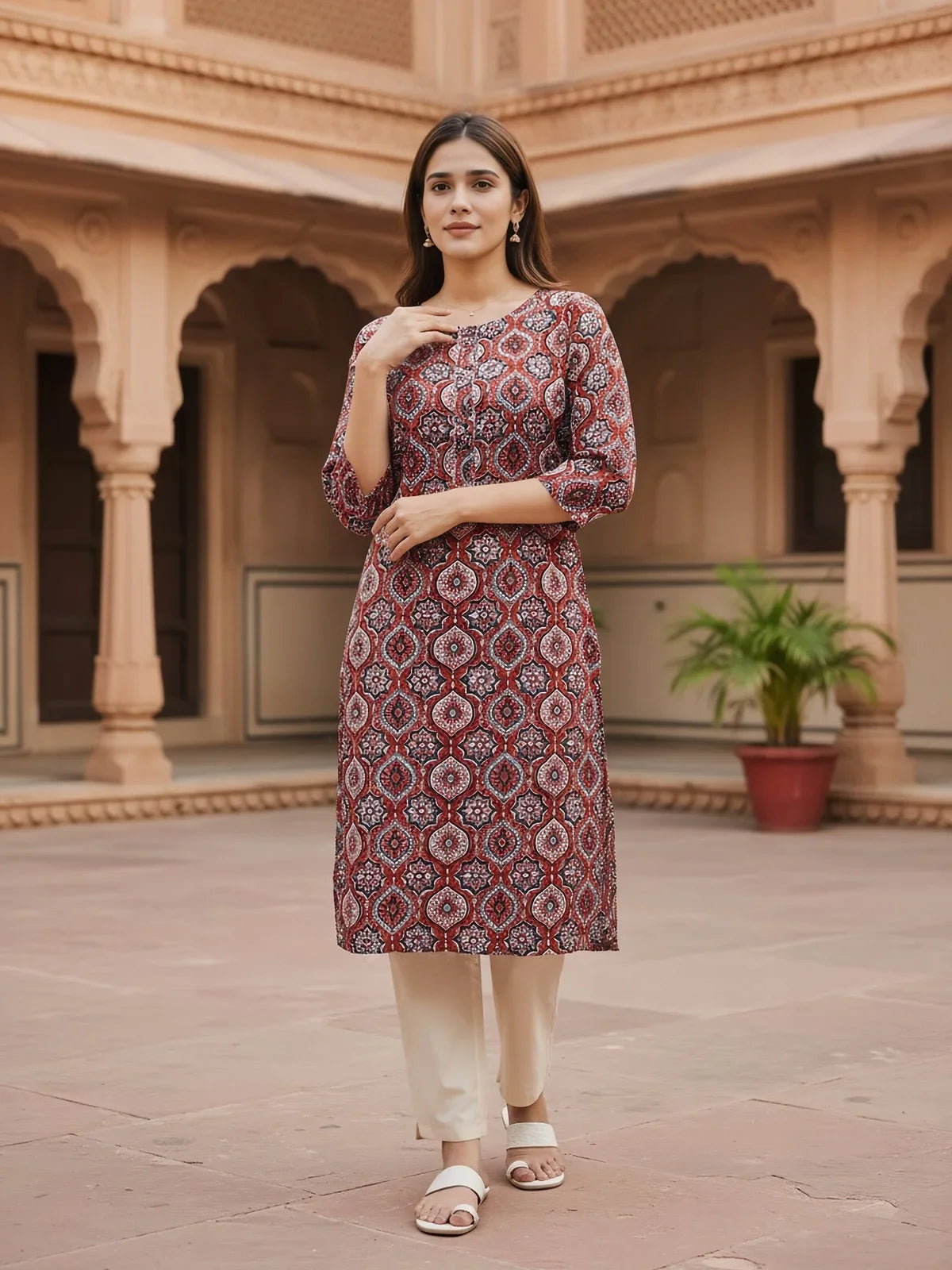 Buy Rayon Printed Straight Knee Length Kurta-Maroon