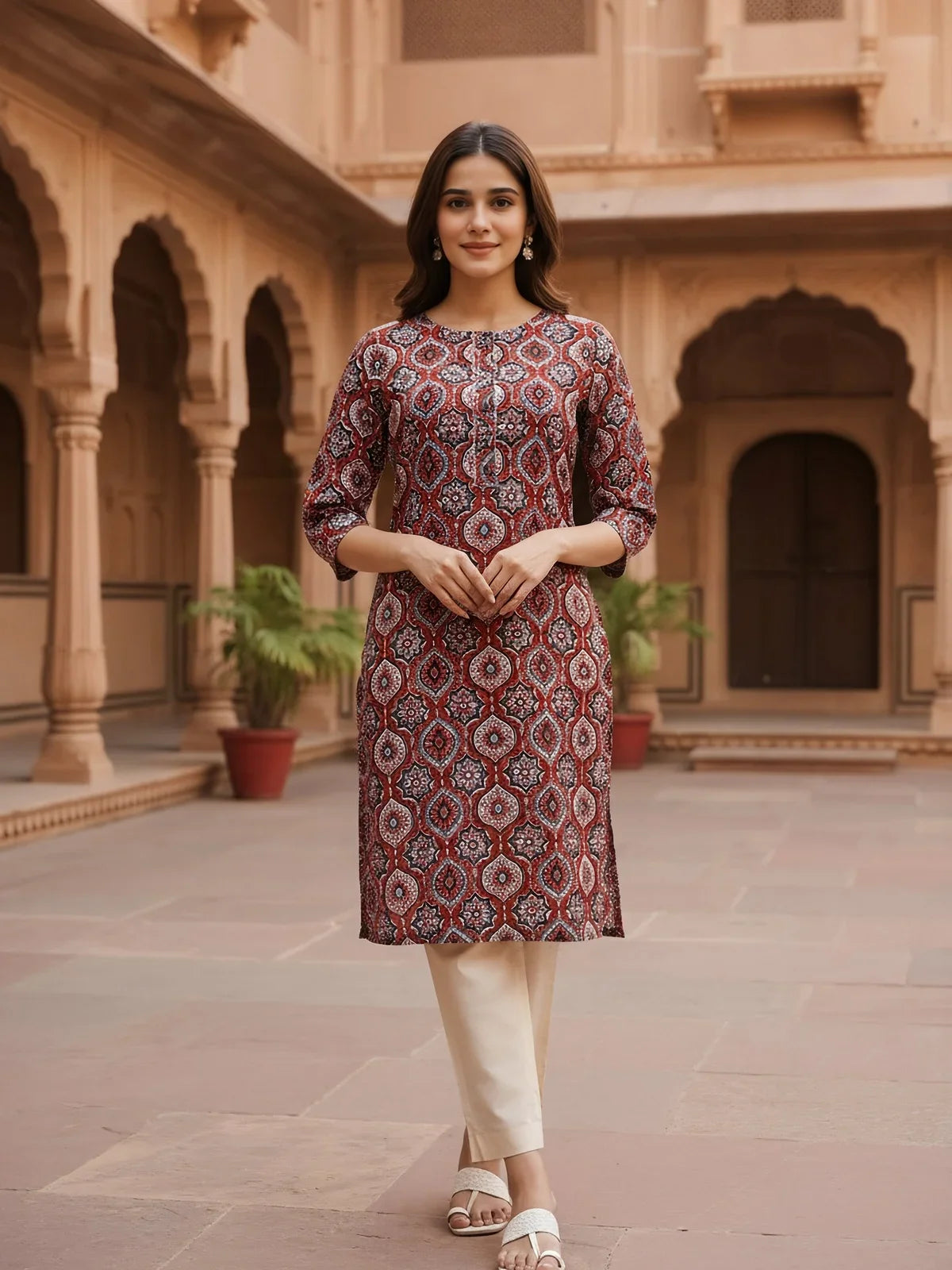 Buy Rayon Printed Straight Knee Length Kurta-Maroon