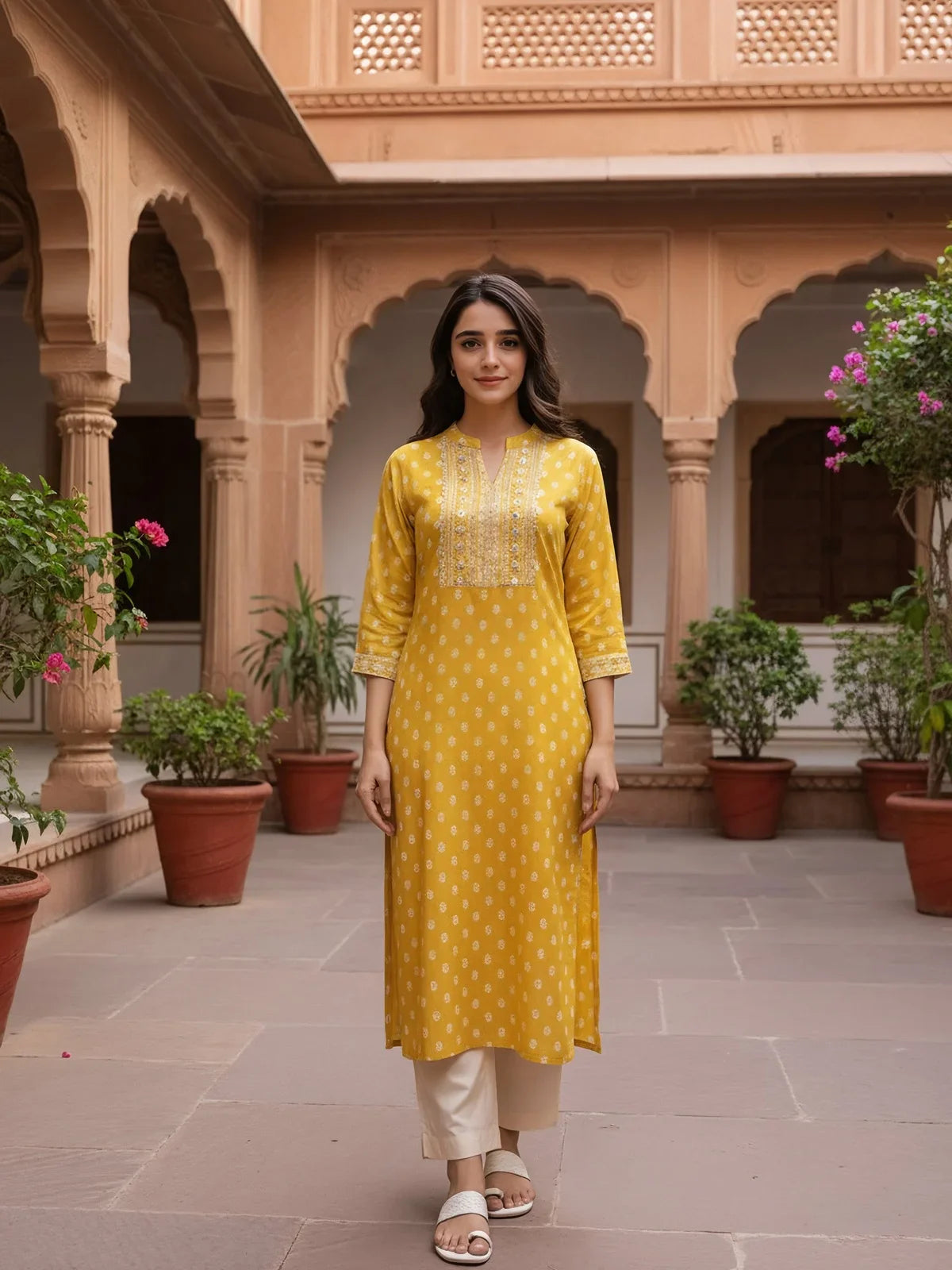 Buy Rayon Embroidered Straight Calf Length Kurta-Mustard