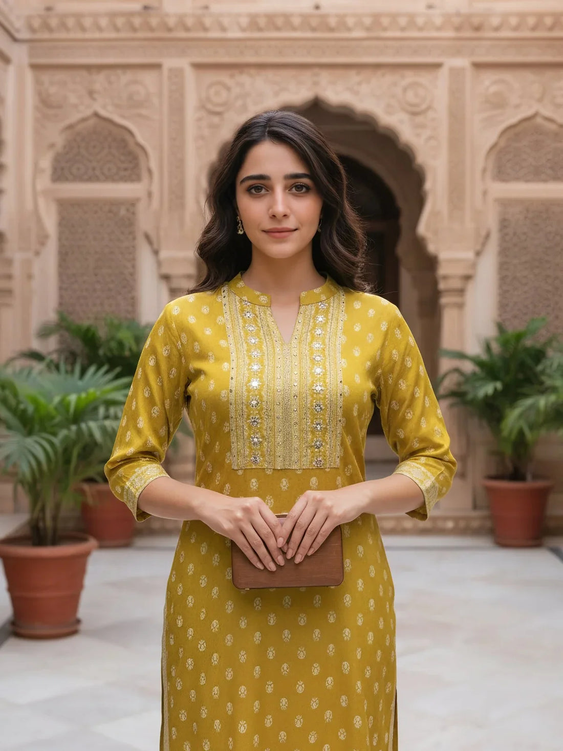 Buy Rayon Embroidered Straight Calf Length Kurta-Mustard