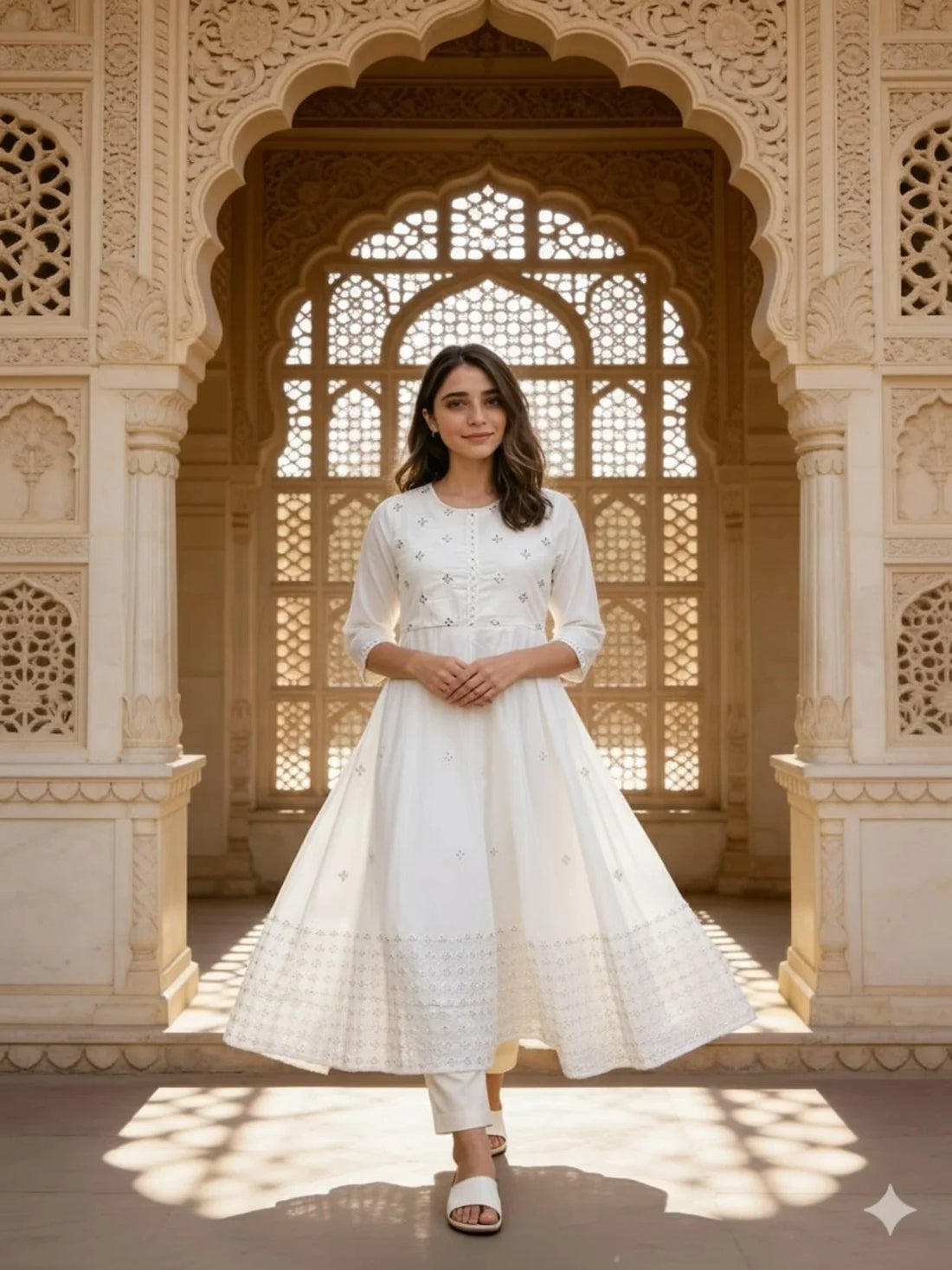 Buy Cotton Embroidered Anarkali Calf Length Kurta-Off White