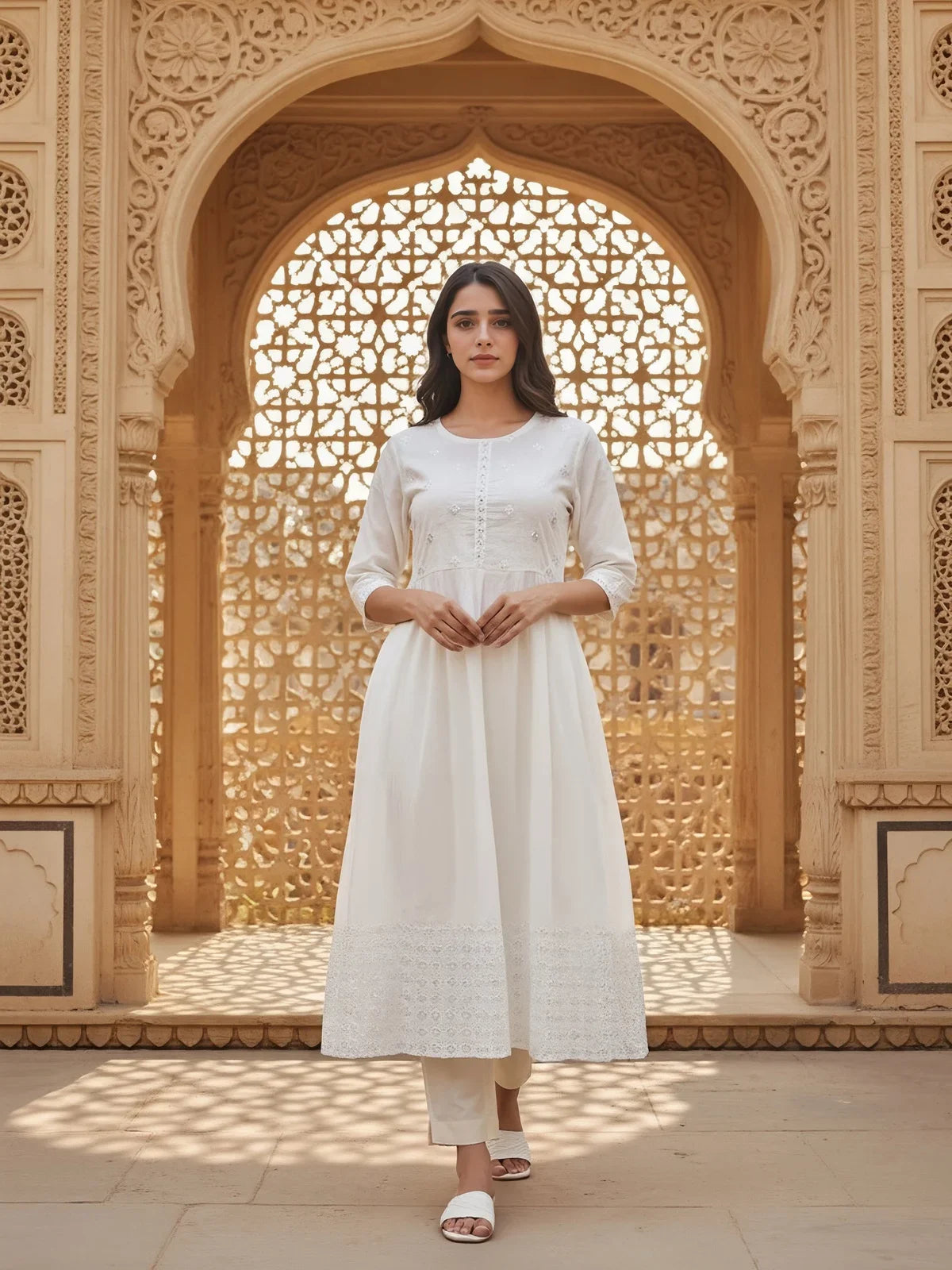 Buy Cotton Embroidered Anarkali Calf Length Kurta-Off White