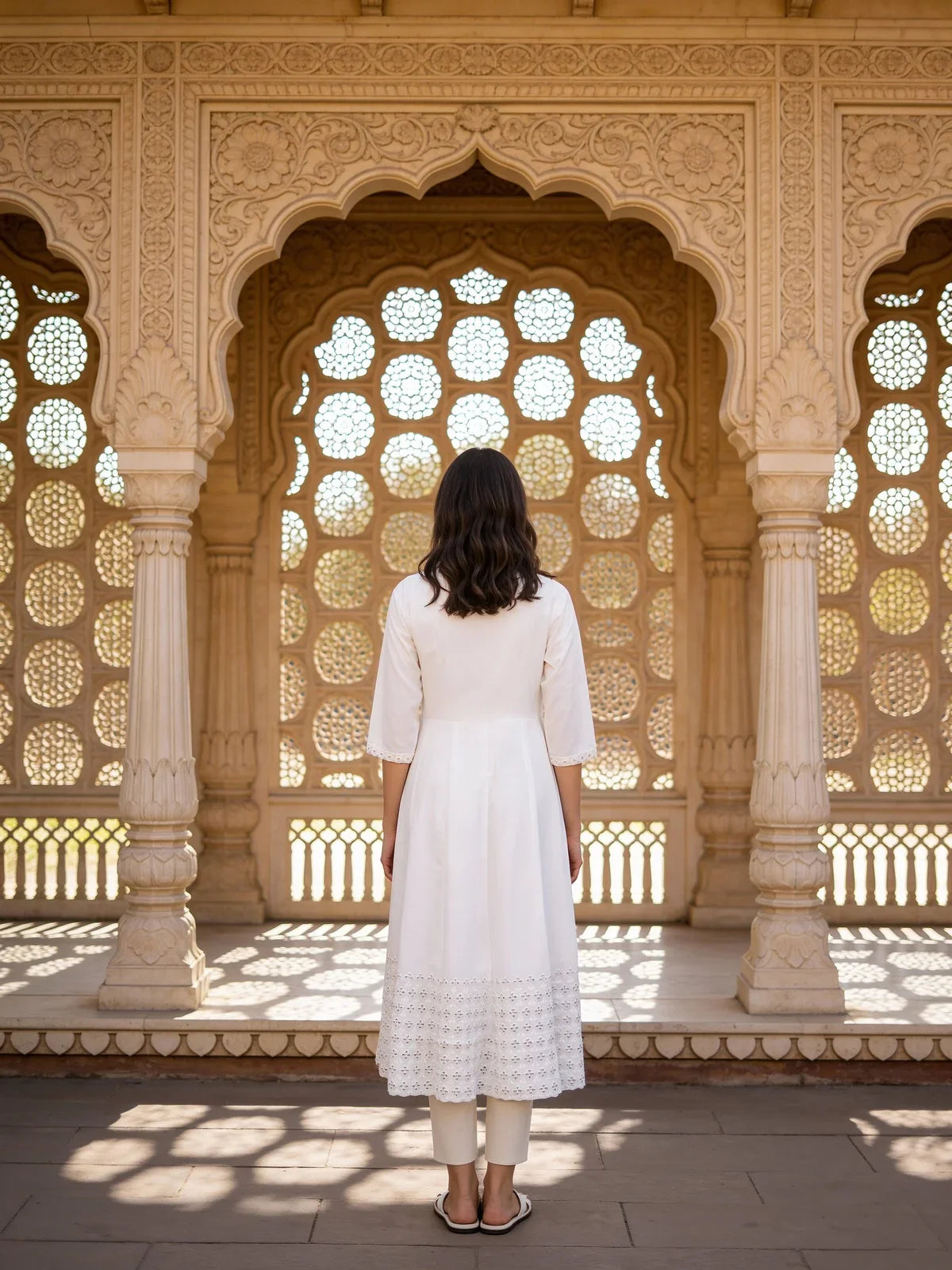 Buy Cotton Embroidered Anarkali Calf Length Kurta-Off White