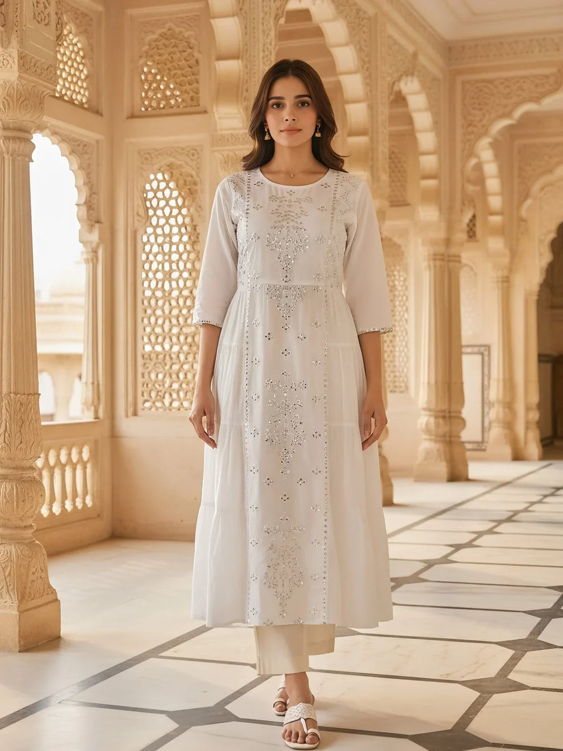 Buy Cotton Embroidered Anarkali Calf Length Kurta-Off White
