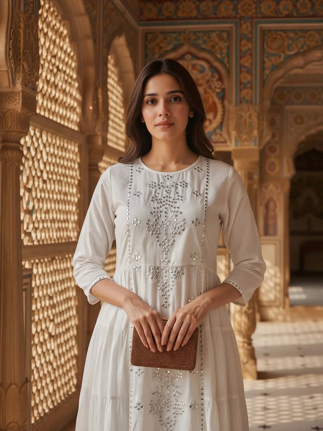 Buy Cotton Embroidered Anarkali Calf Length Kurta-Off White