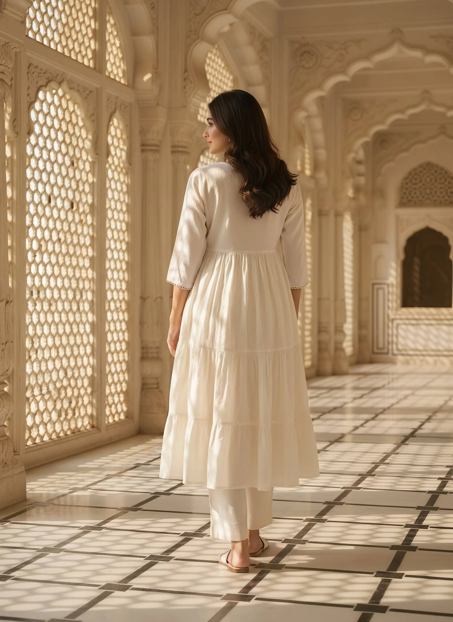 Buy Cotton Embroidered Anarkali Calf Length Kurta-Off White