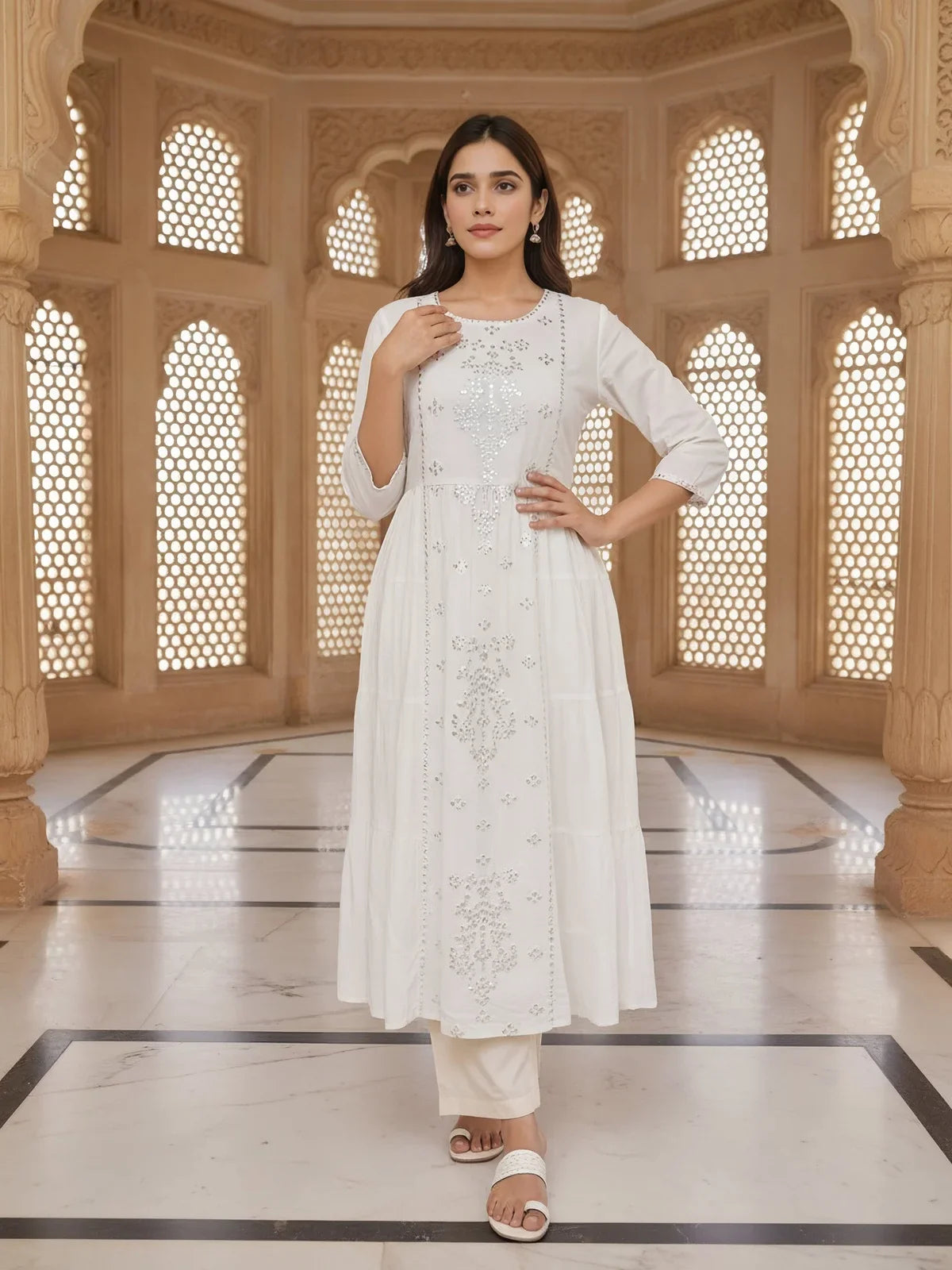 Buy Cotton Embroidered Anarkali Calf Length Kurta-Off White