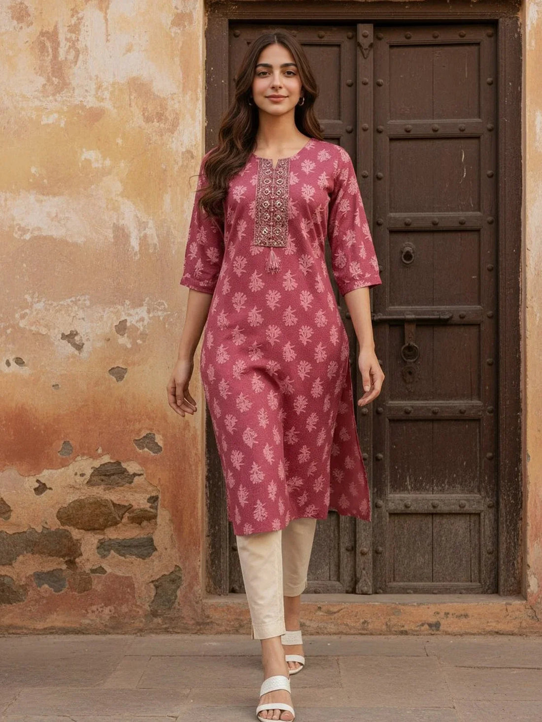 Buy Cotton Embroidered Straight Calf Length Kurta-Magenta