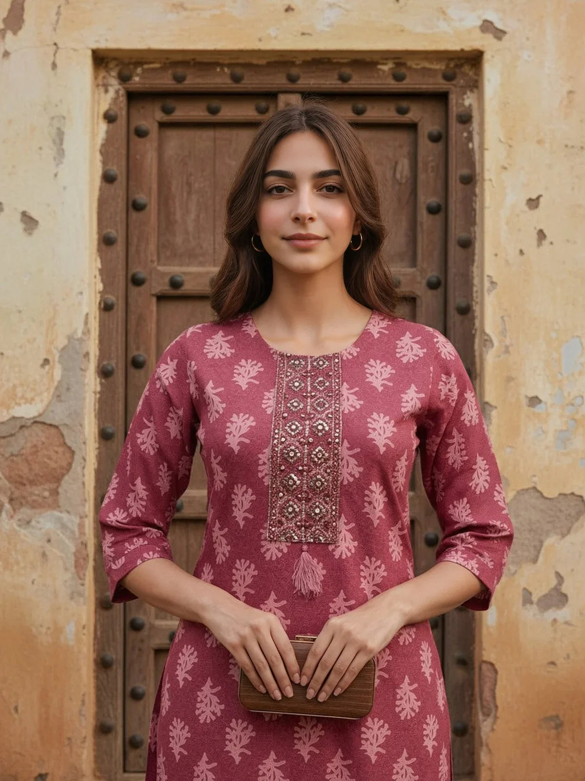 Buy Cotton Embroidered Straight Calf Length Kurta-Magenta