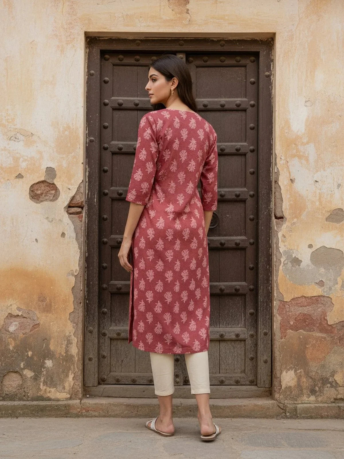 Buy Cotton Embroidered Straight Calf Length Kurta-Magenta