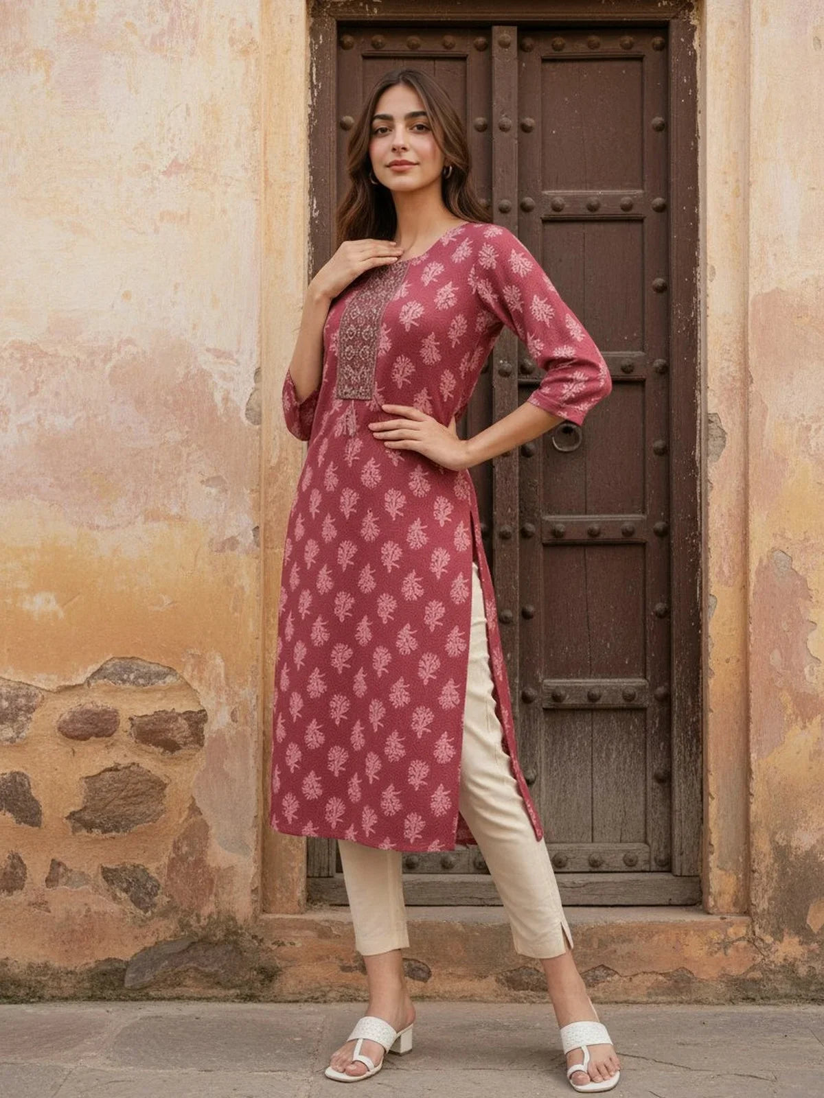Buy Cotton Embroidered Straight Calf Length Kurta-Magenta