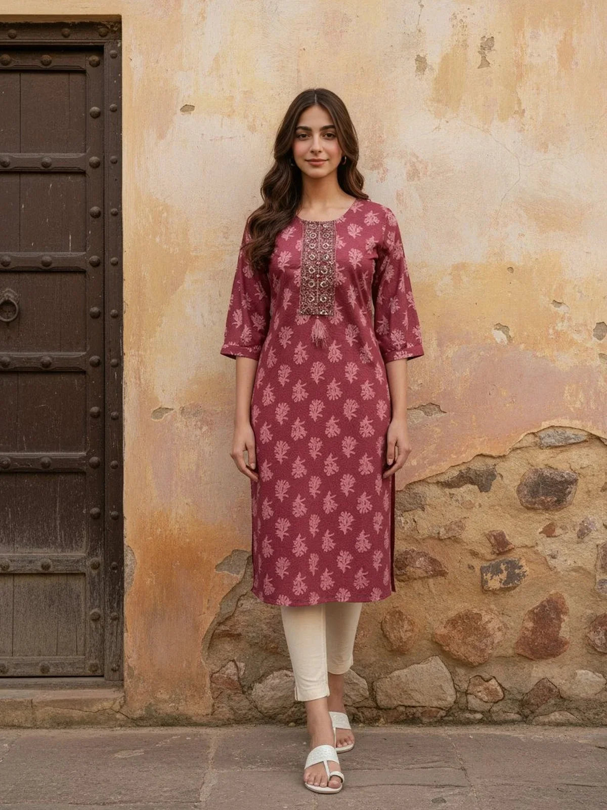 Buy Cotton Embroidered Straight Calf Length Kurta-Magenta