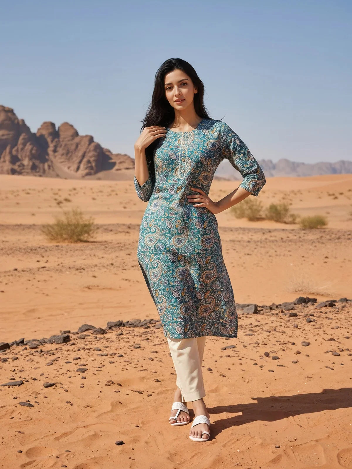 Buy Rayon Printed Straight Knee Length Kurta-Sea Green