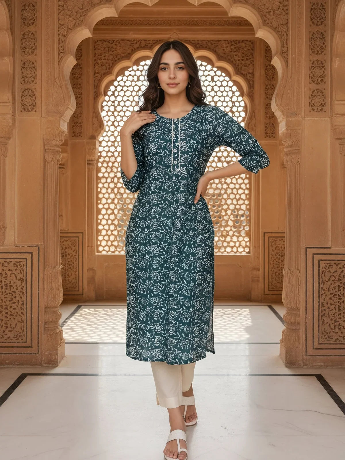 Buy Rayon Printed Straight Knee Length Kurta-Teal