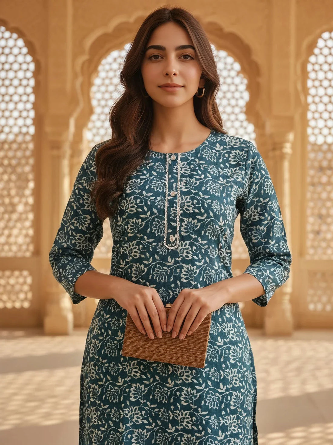 Buy Rayon Printed Straight Knee Length Kurta-Teal