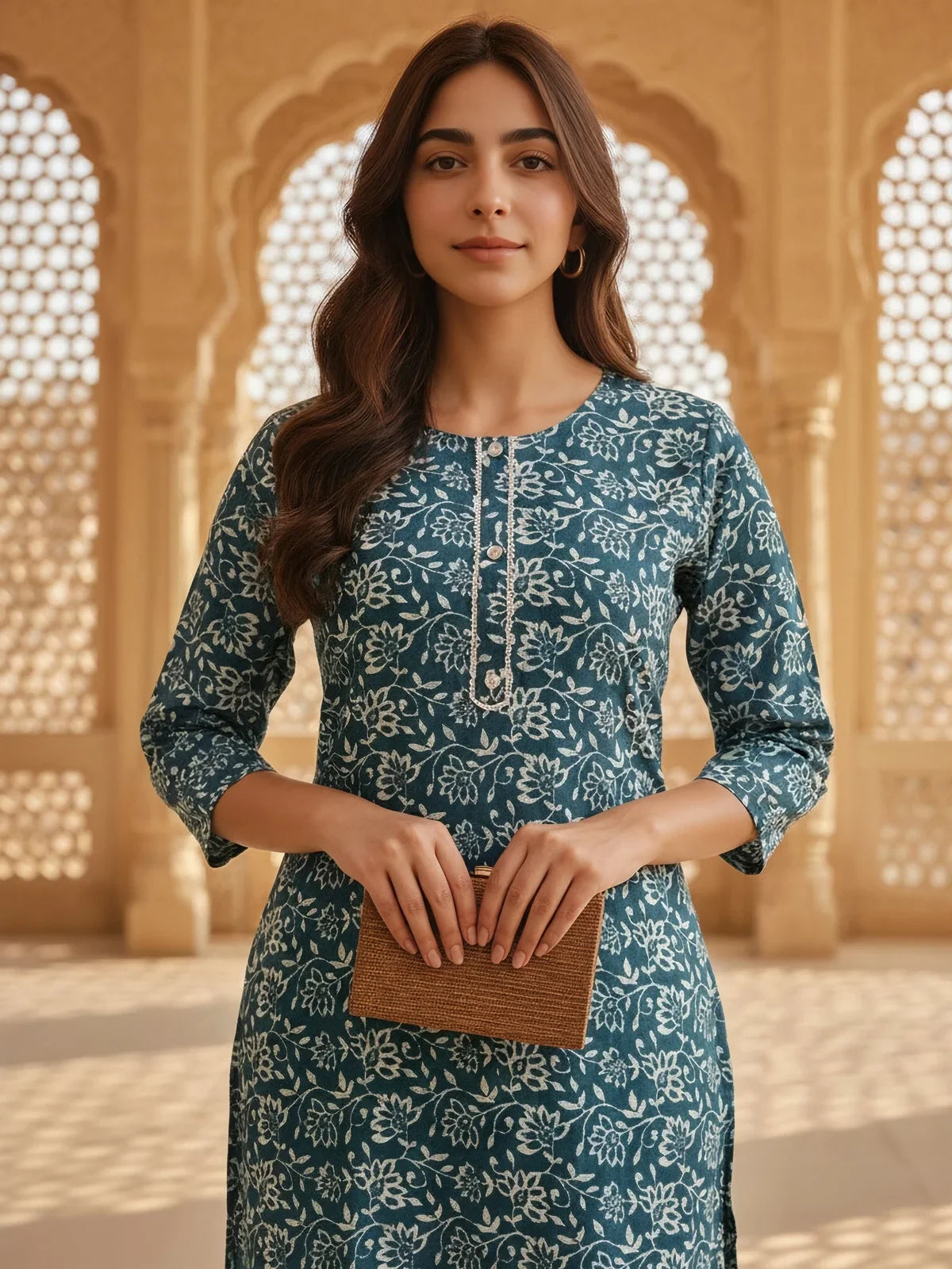 Buy Rayon Printed Straight Knee Length Kurta-Teal