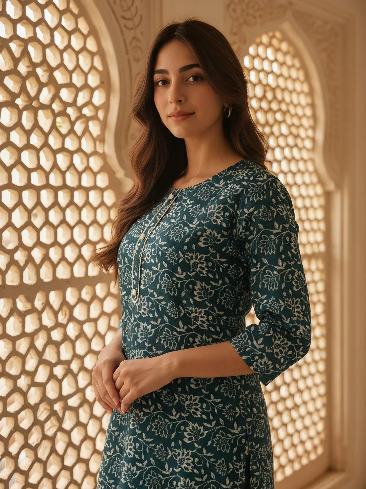 Buy Rayon Printed Straight Knee Length Kurta-Teal