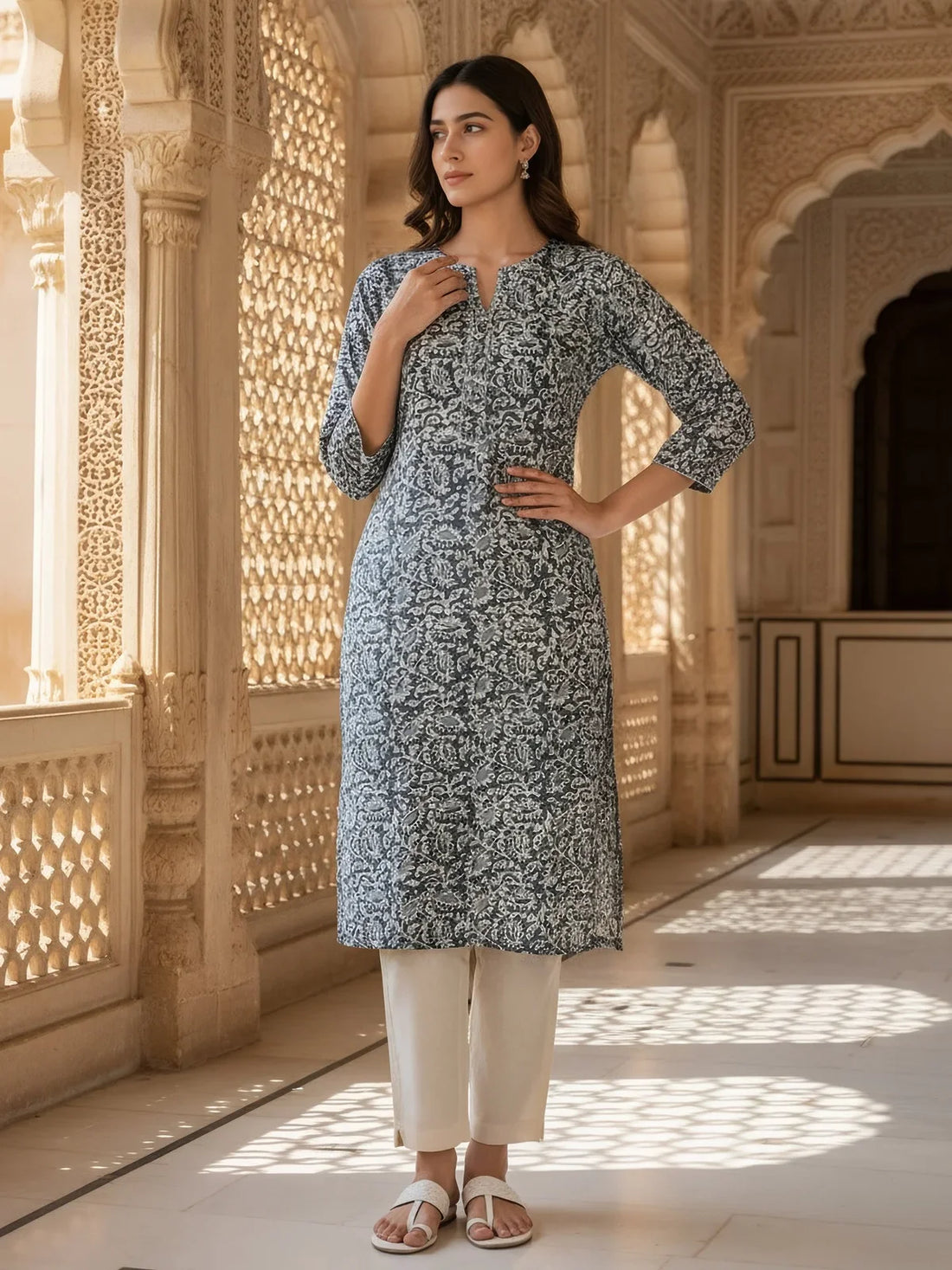 Buy Rayon Printed Straight Knee Length Kurta-Grey
