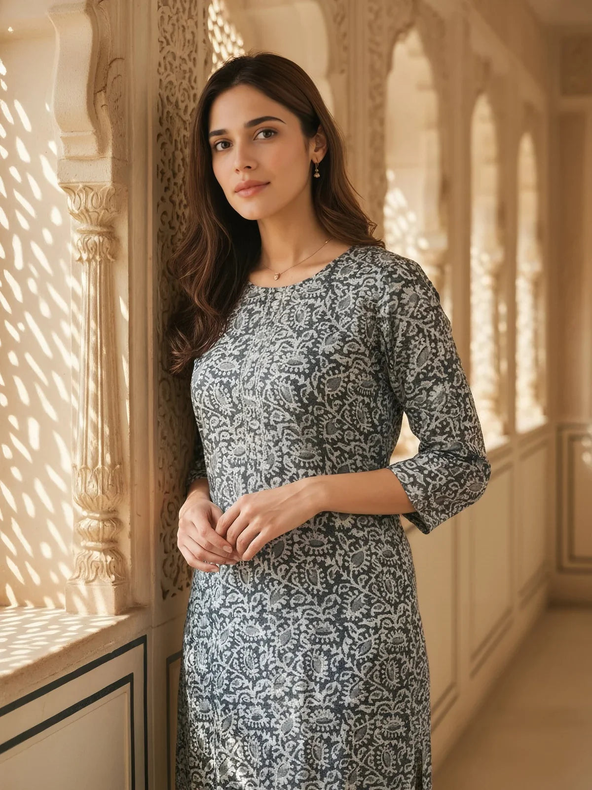 Buy Rayon Printed Straight Knee Length Kurta-Grey