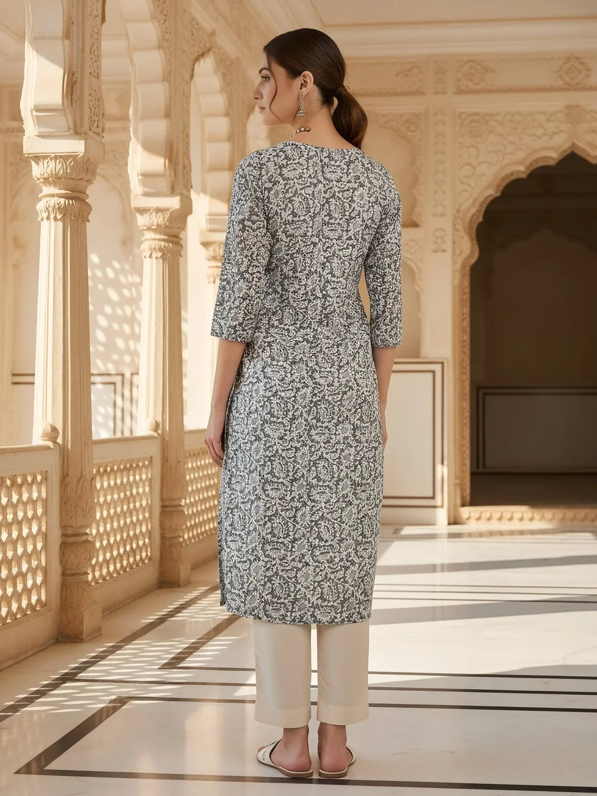 Buy Rayon Printed Straight Knee Length Kurta-Grey