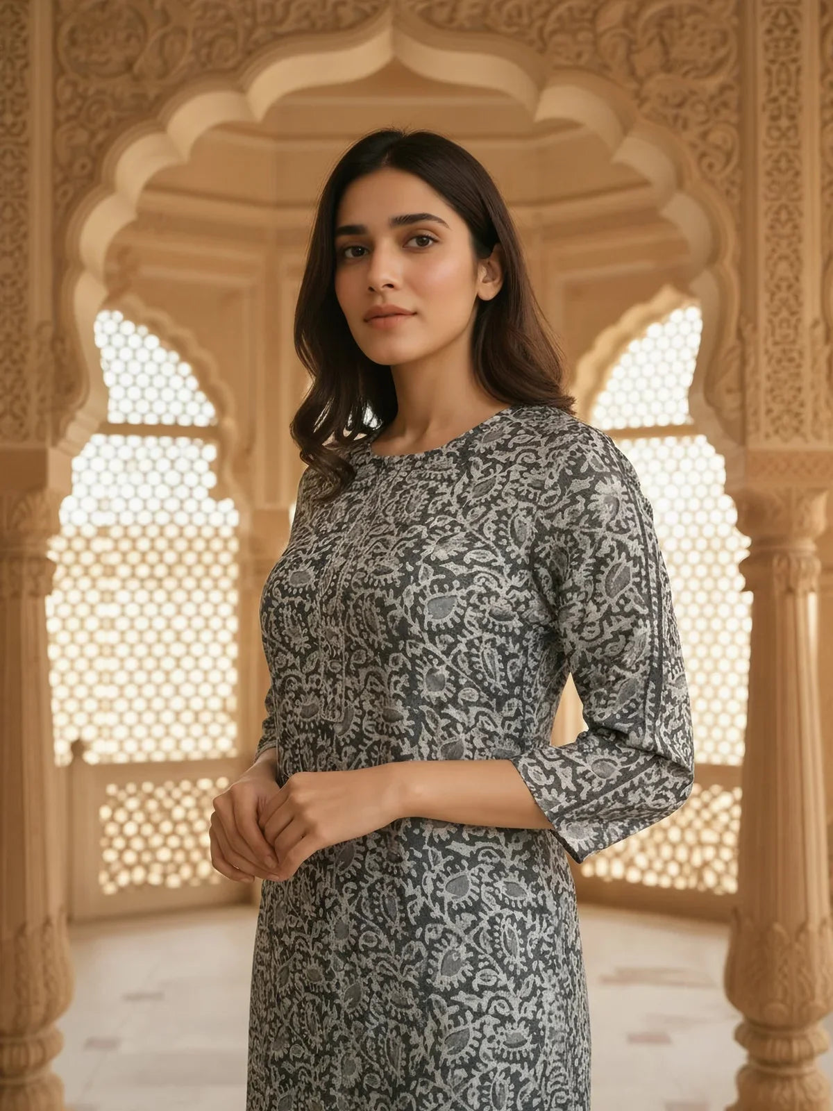 Buy Rayon Printed Straight Knee Length Kurta-Grey