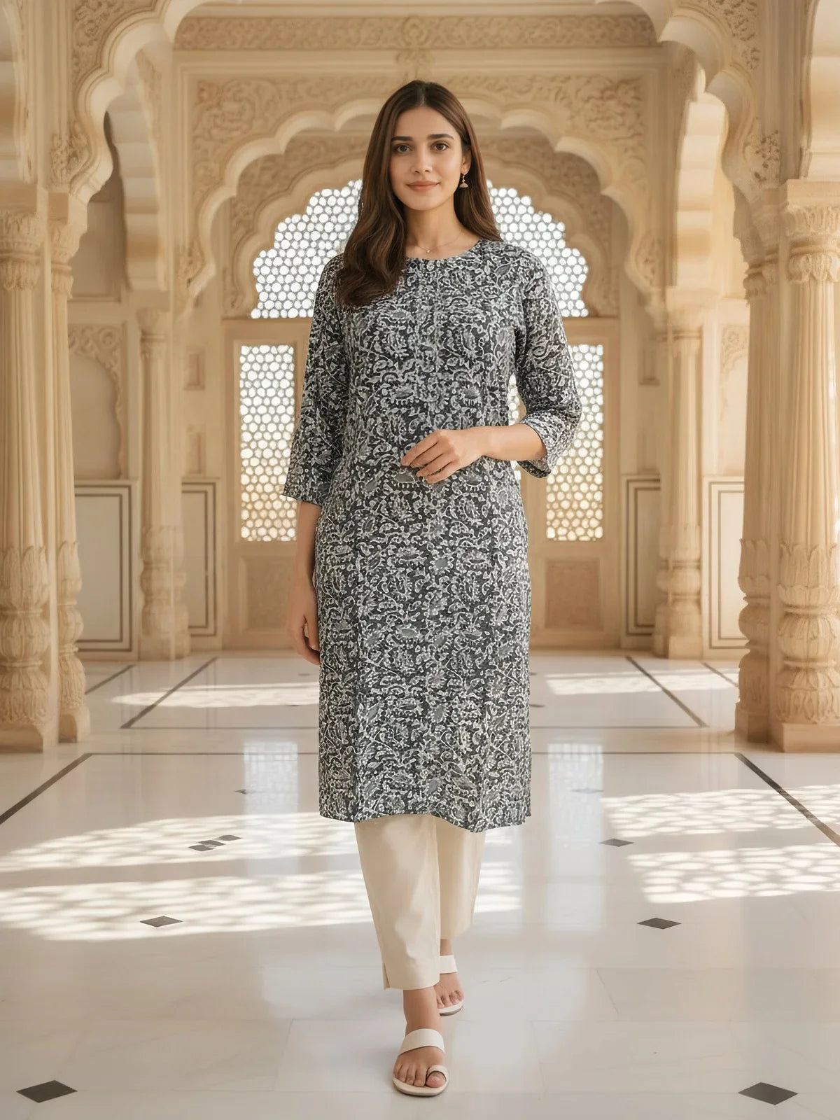 Buy Rayon Printed Straight Knee Length Kurta-Grey