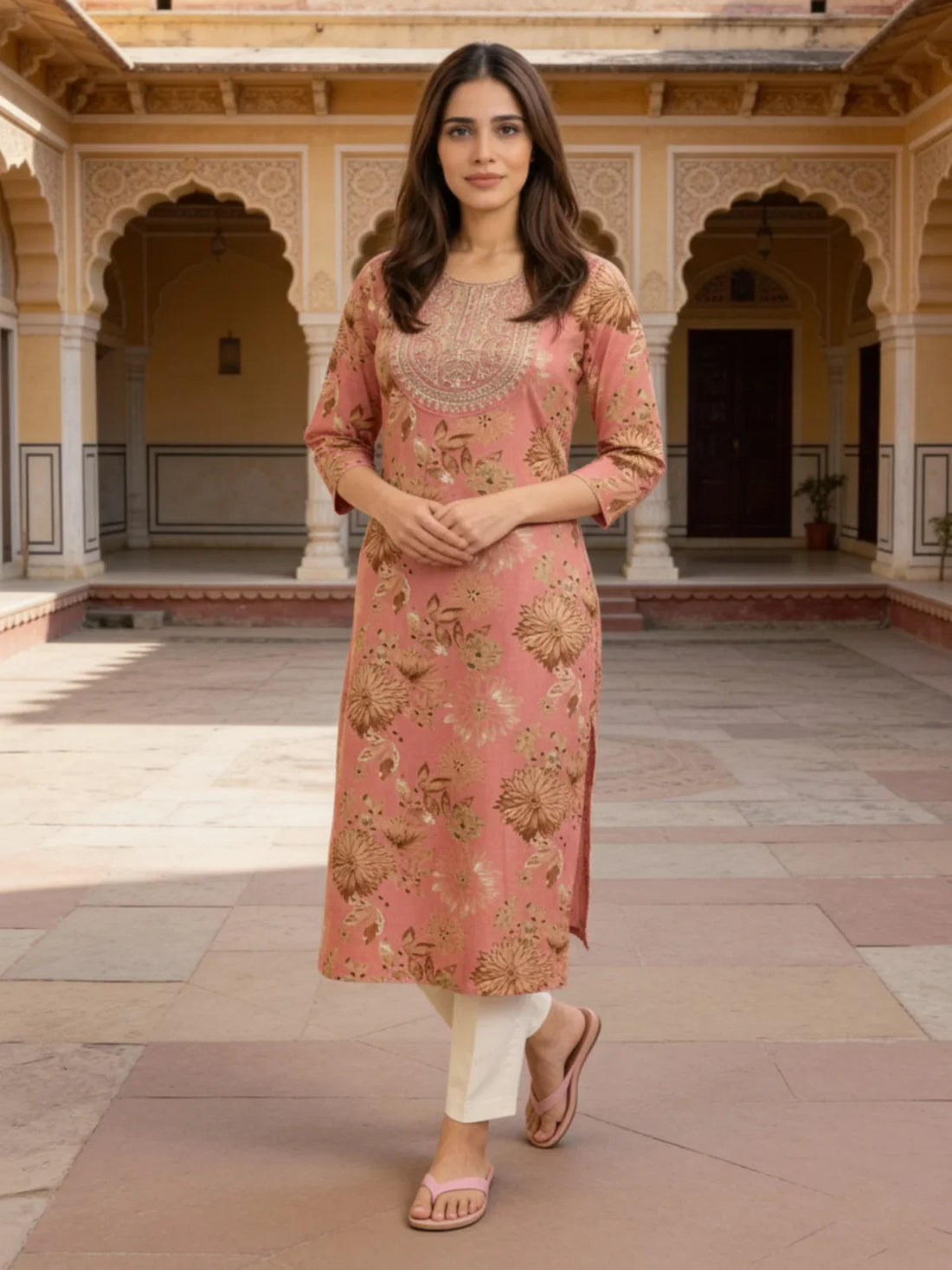 Buy Cotton Embroidered Straight Calf Length Kurta-Coral