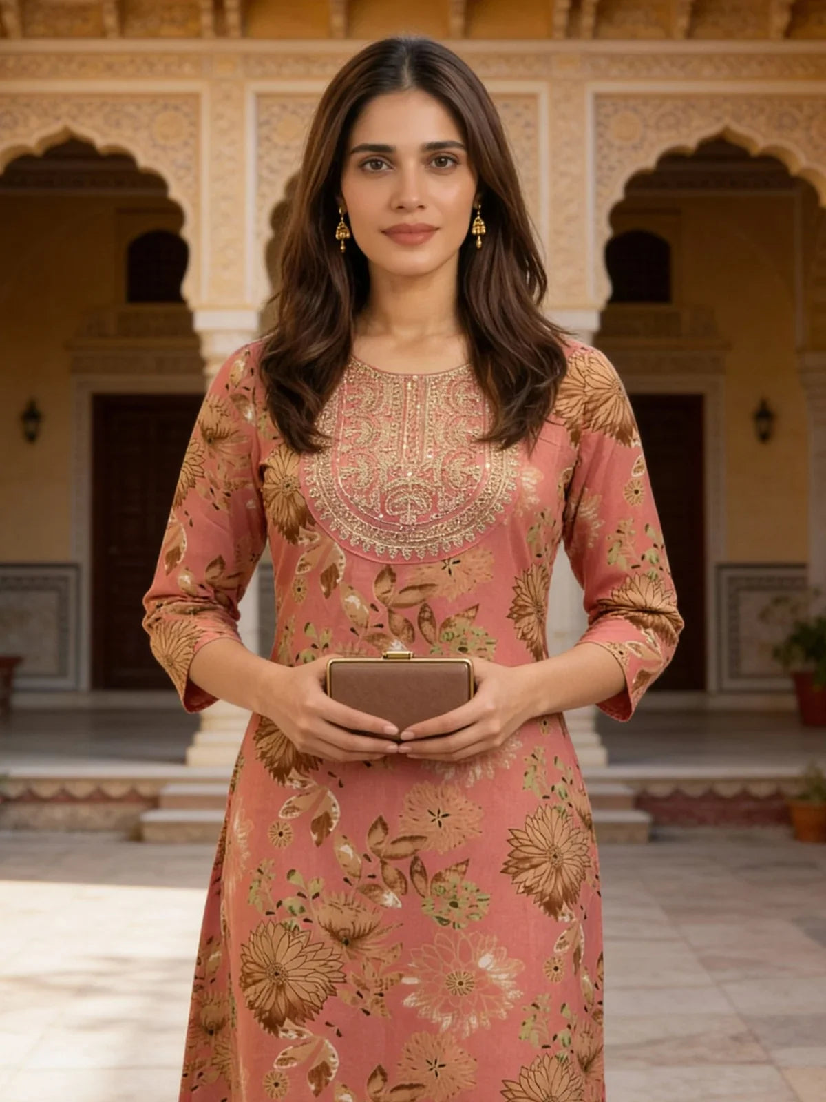 Buy Cotton Embroidered Straight Calf Length Kurta-Coral