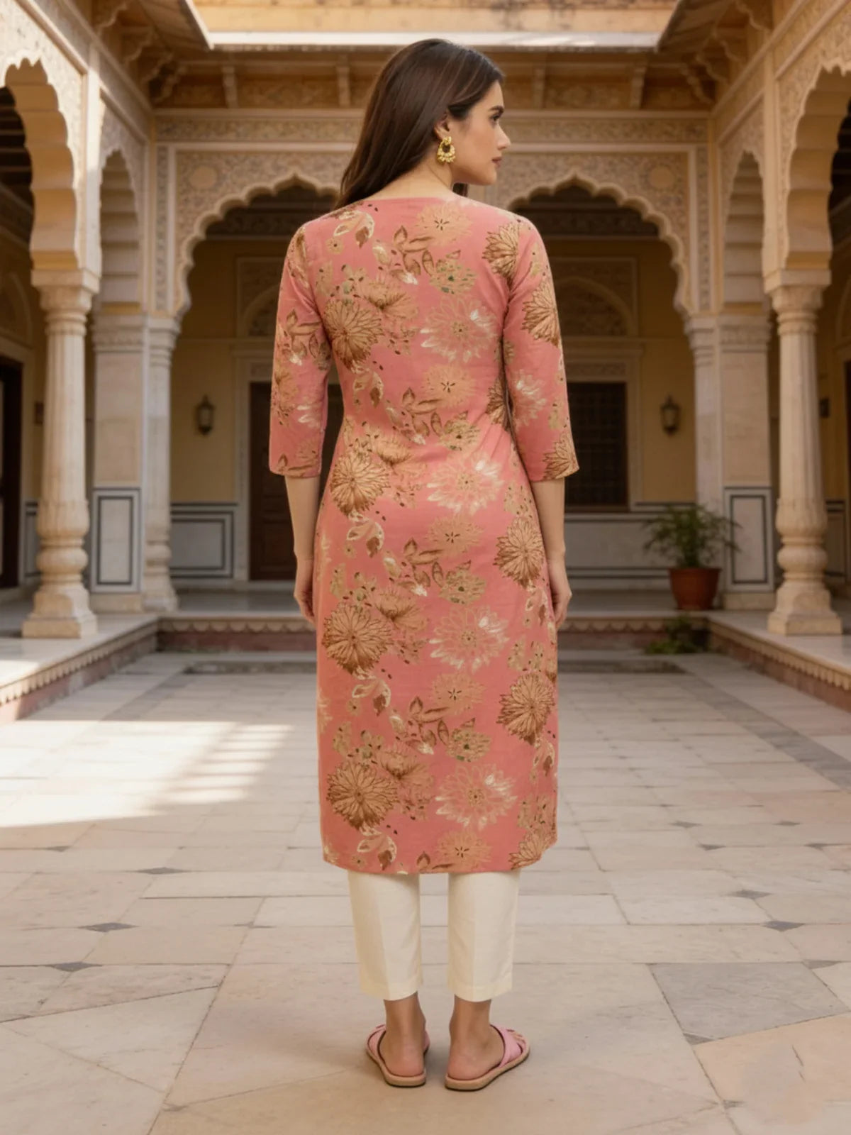 Buy Cotton Embroidered Straight Calf Length Kurta-Coral