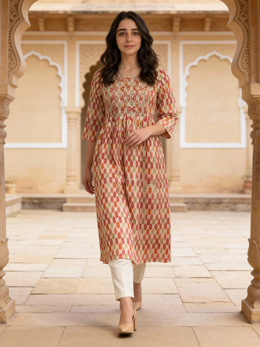 Buy Rayon Embroidered Flared Calf Length Kurta-Beige