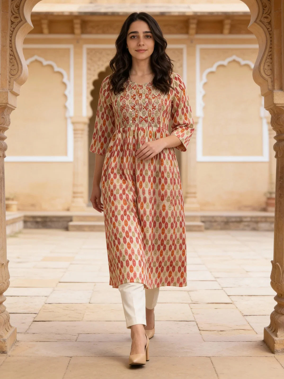 Buy Rayon Embroidered Flared Calf Length Kurta-Beige