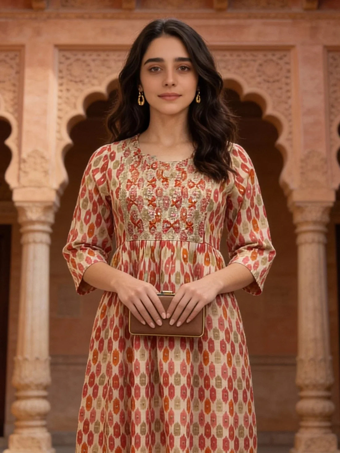 Buy Rayon Embroidered Flared Calf Length Kurta-Beige