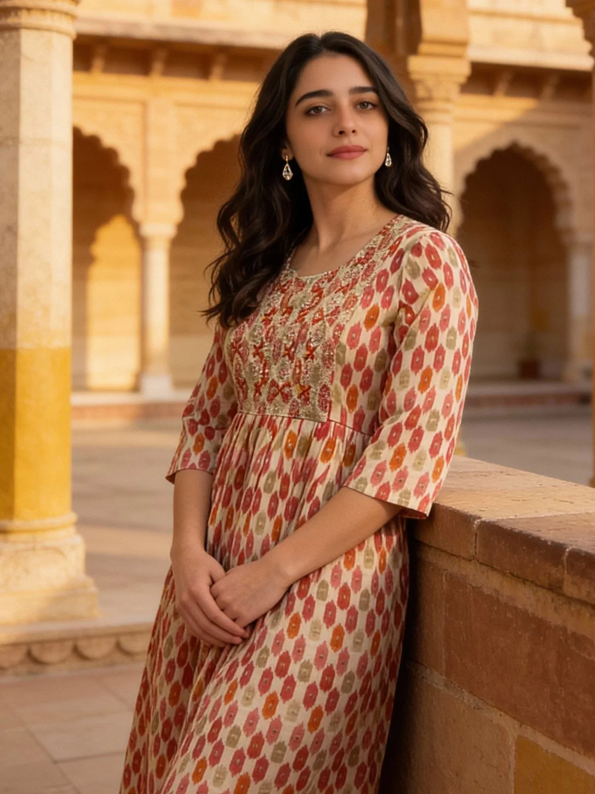 Buy Rayon Embroidered Flared Calf Length Kurta-Beige