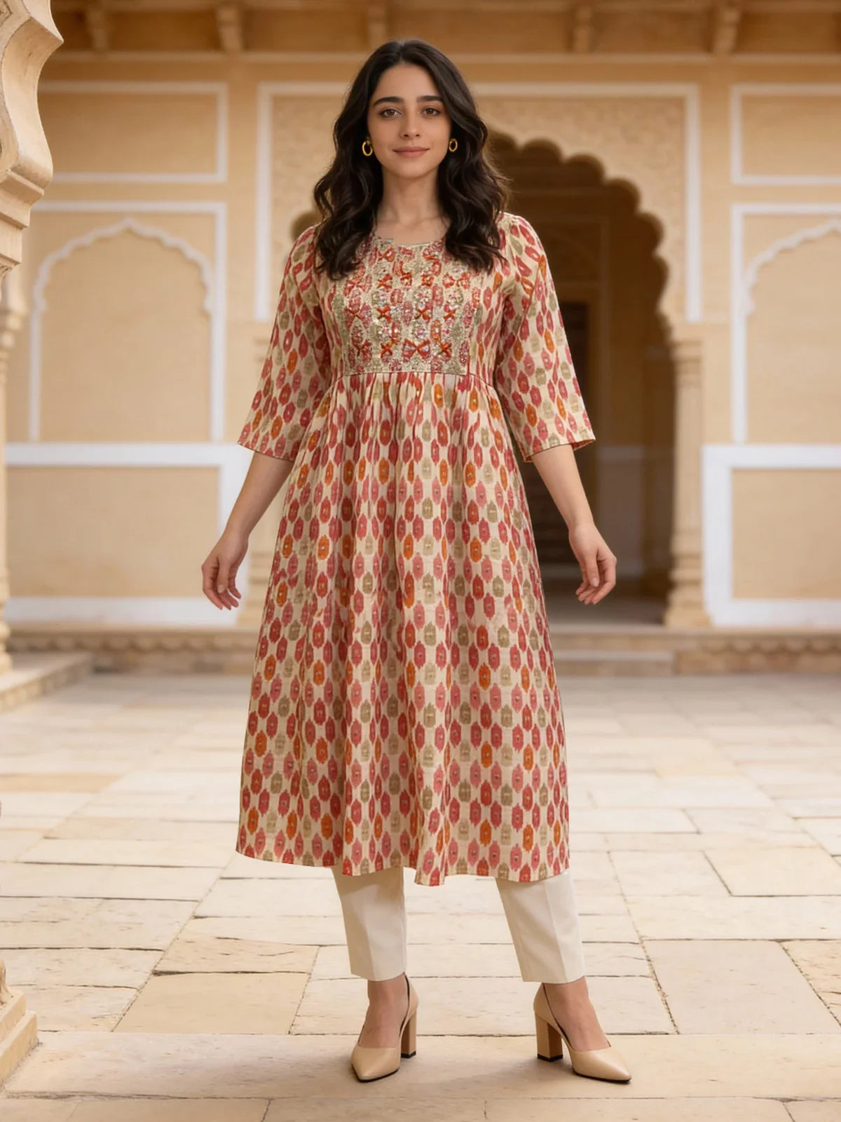Buy Rayon Embroidered Flared Calf Length Kurta-Beige