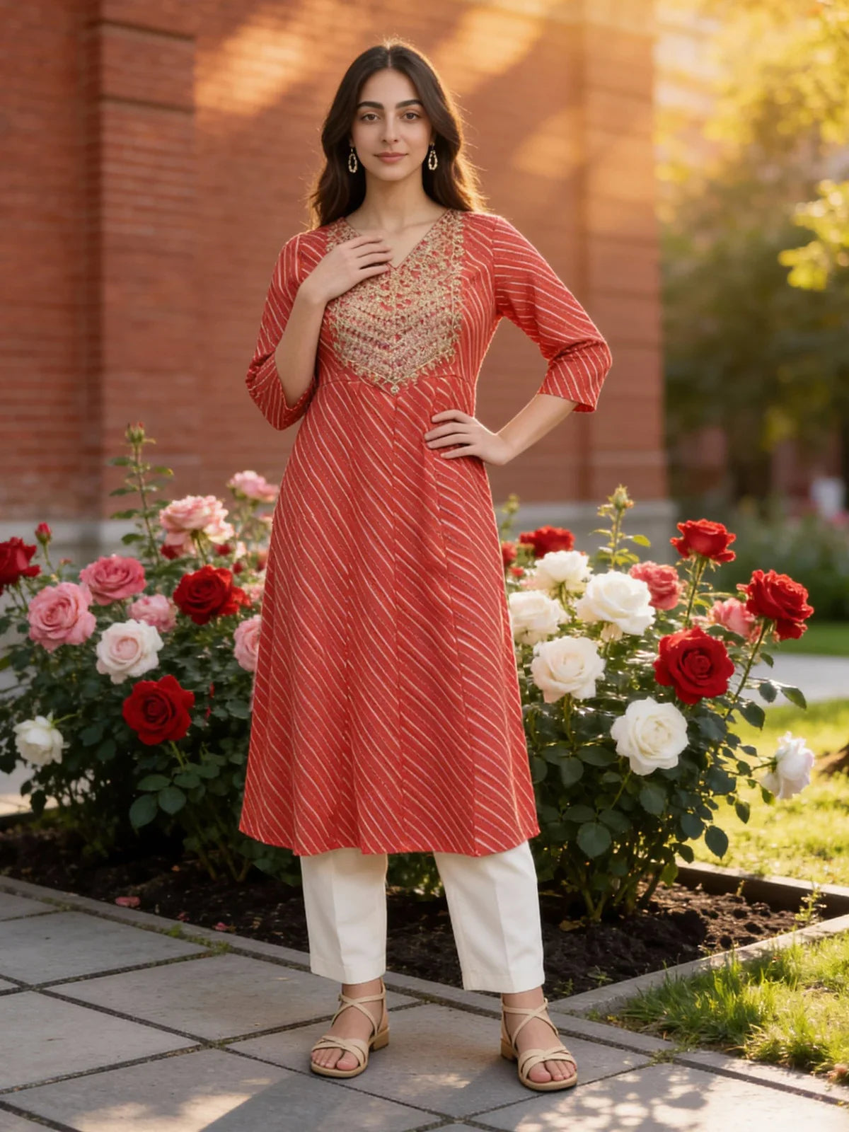 Buy Rayon Embroidered Anarkali Calf Length Kurta-Coral