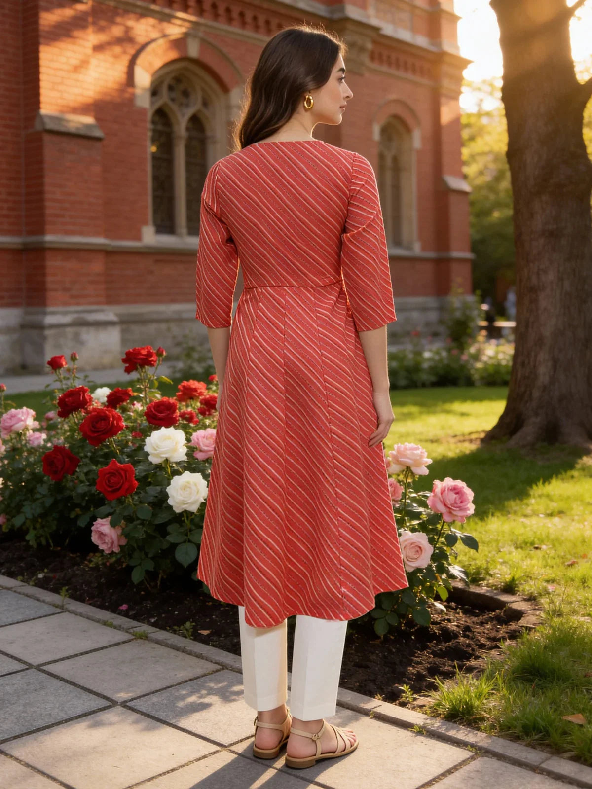 Buy Rayon Embroidered Anarkali Calf Length Kurta-Coral