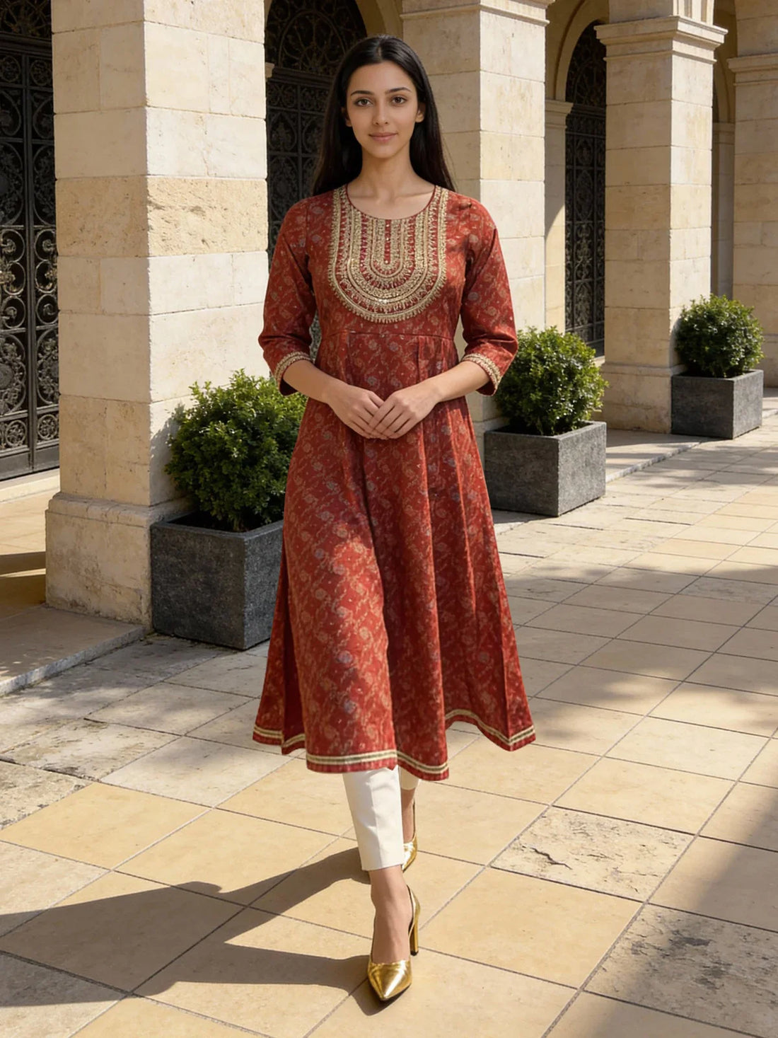 Buy Poly Viscose Embroidered Anarkali Calf Length Kurta-Maroon