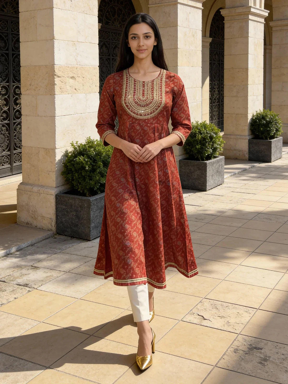 Buy Poly Viscose Embroidered Anarkali Calf Length Kurta-Maroon