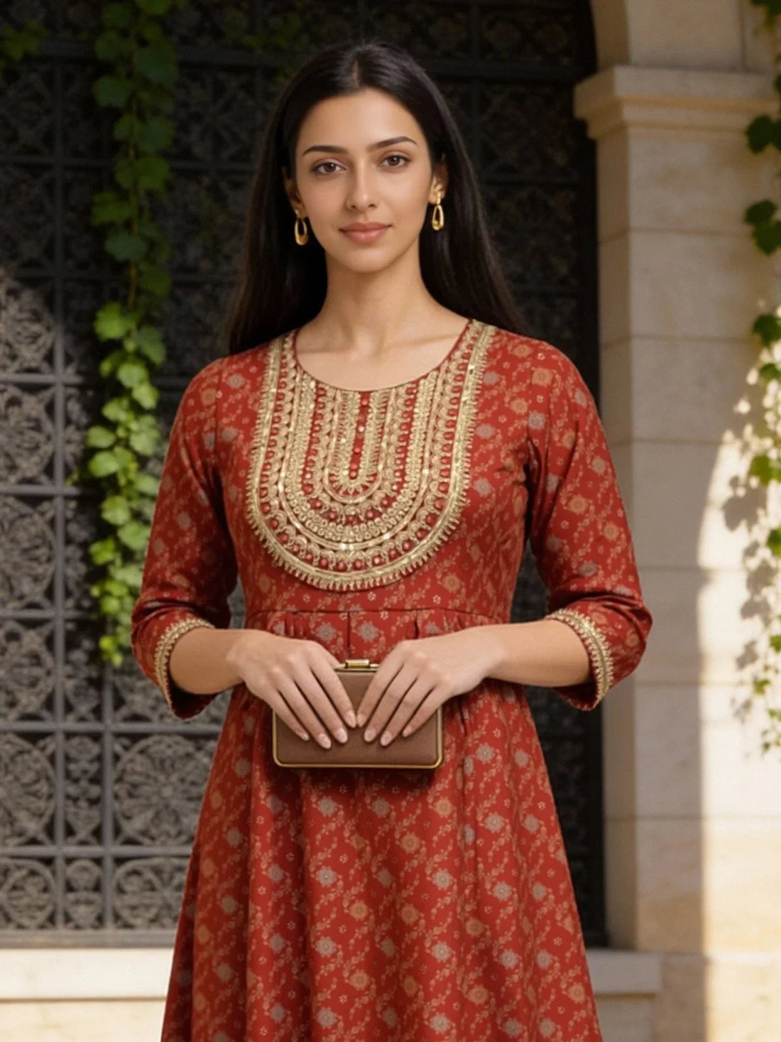 Buy Poly Viscose Embroidered Anarkali Calf Length Kurta-Maroon