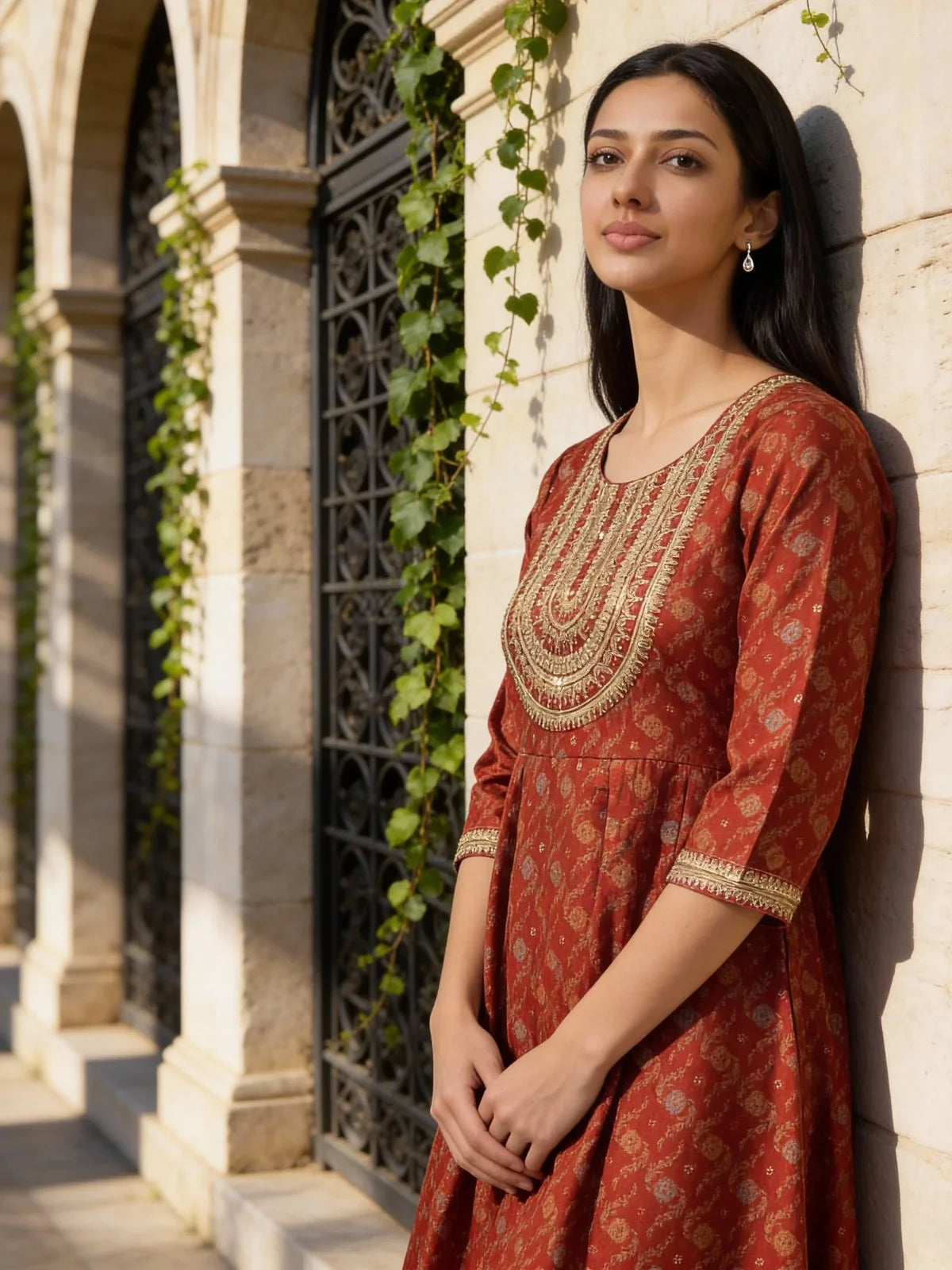 Buy Poly Viscose Embroidered Anarkali Calf Length Kurta-Maroon